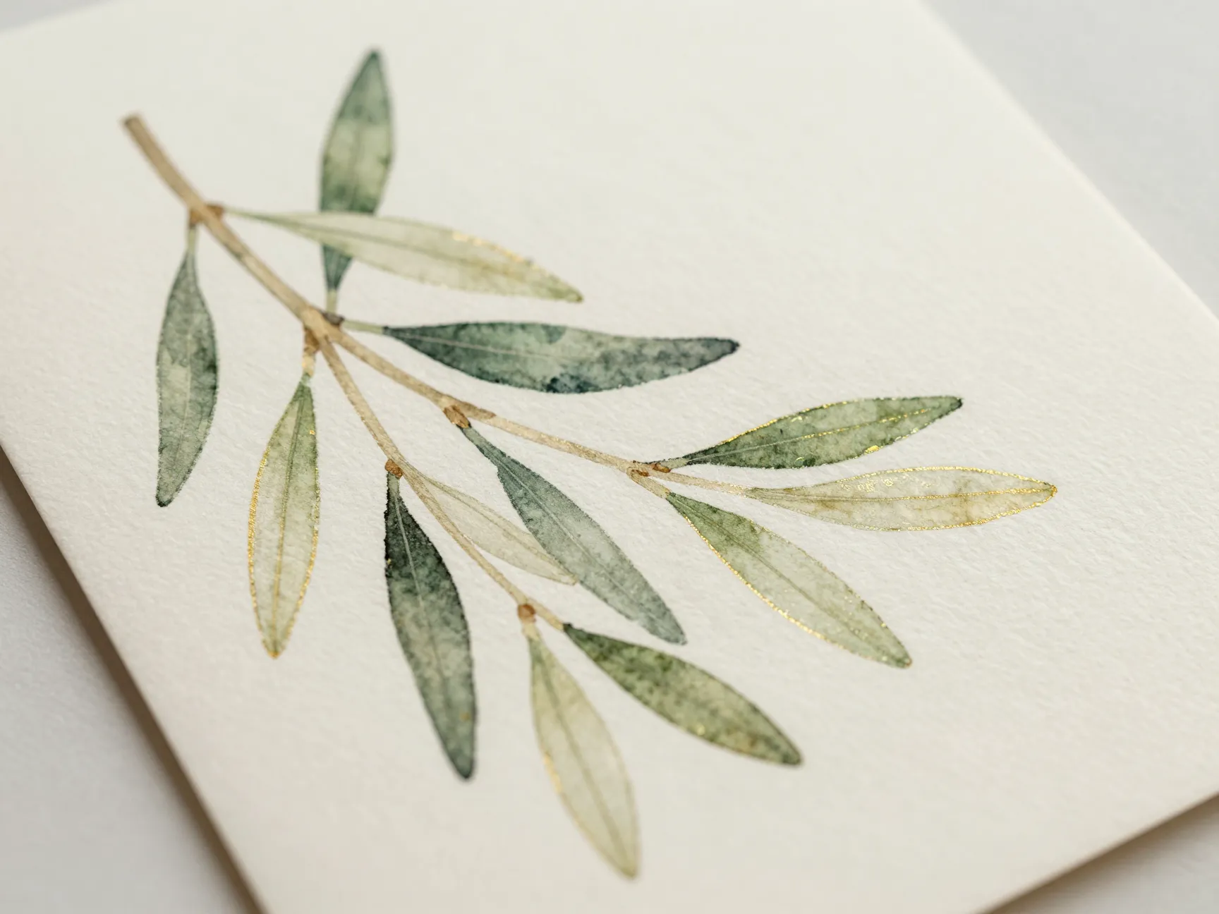 Watercolor olive branch illustration with gold foil on ivory paper