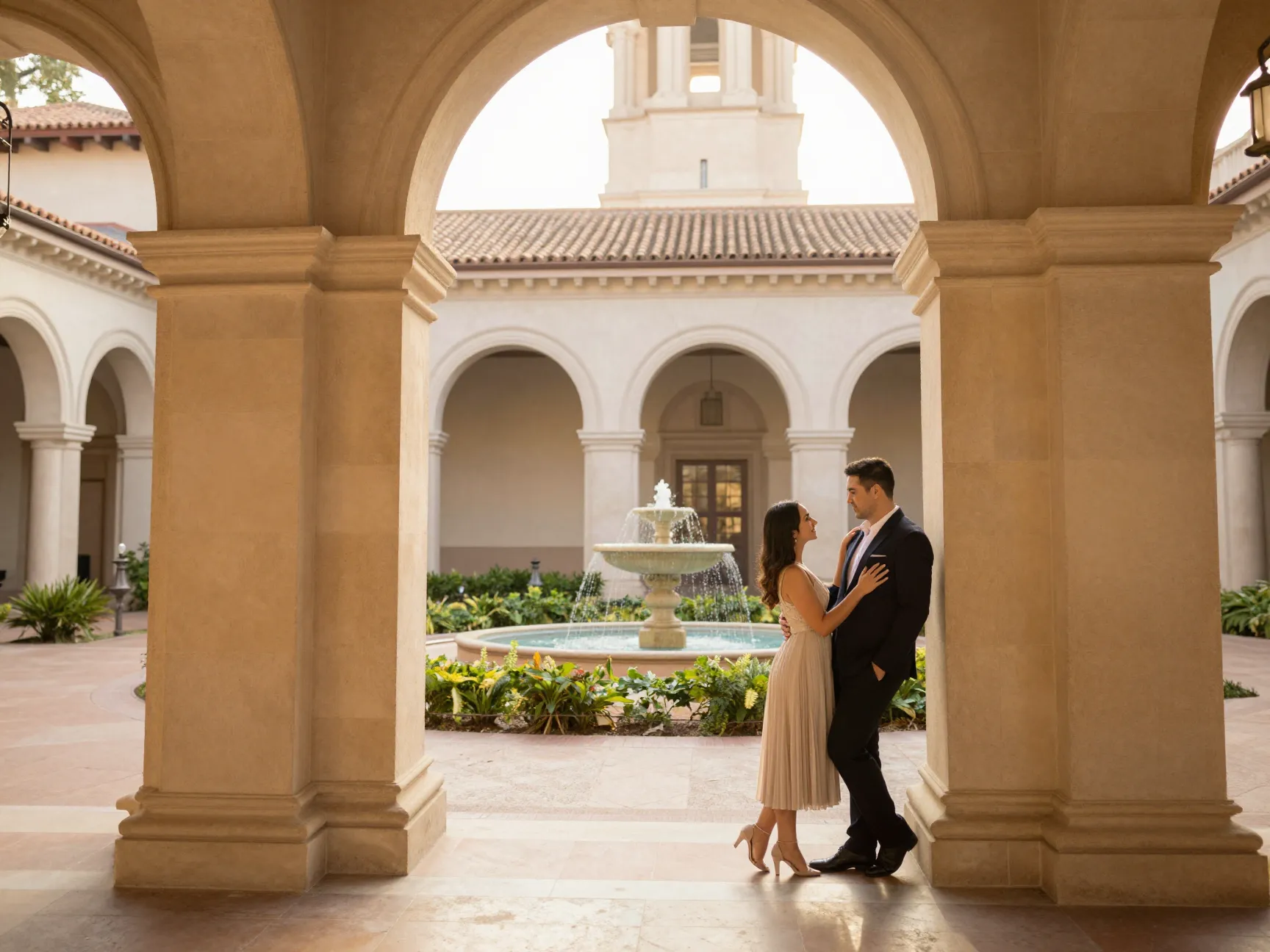 A couple framed by the grand columns of pasadena city hall courtyard