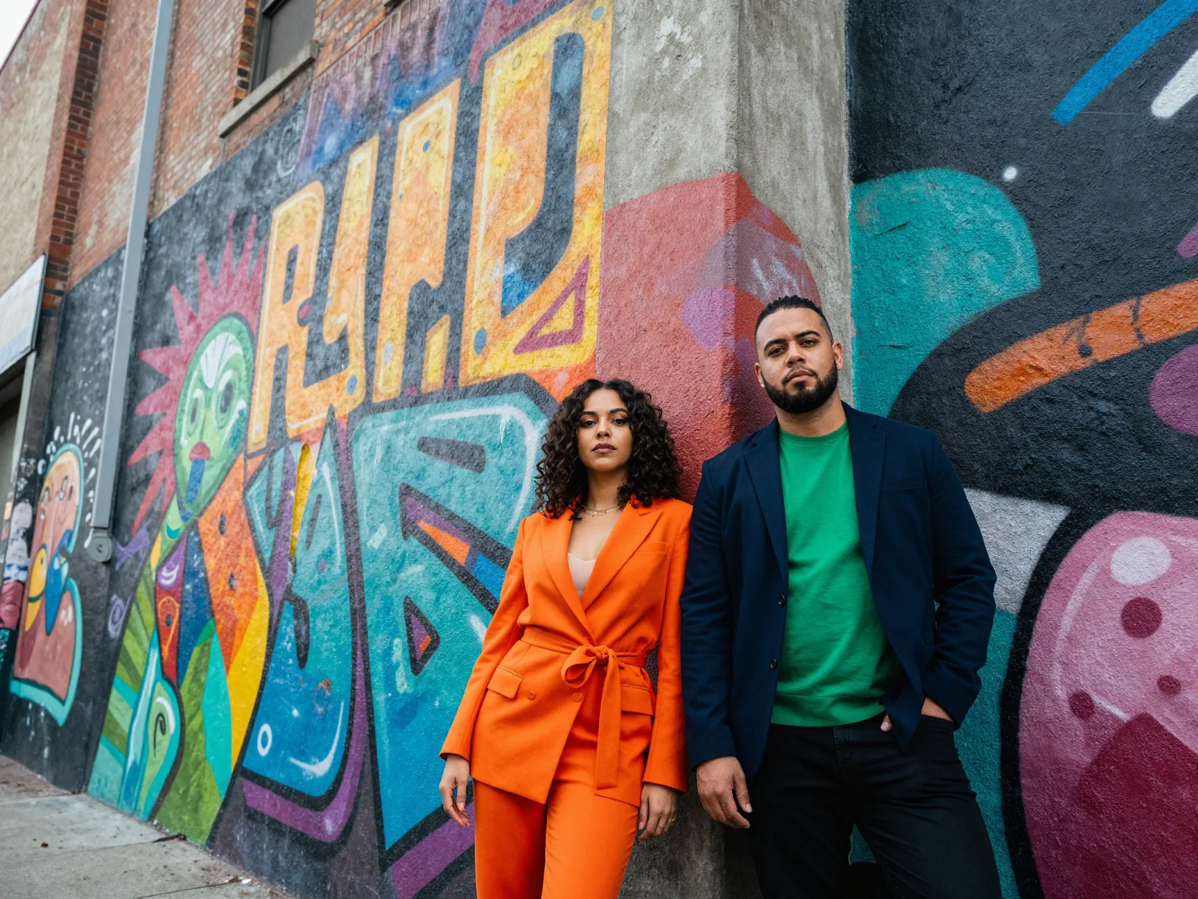 An urban couple poses before a vibrant mural in the arts district