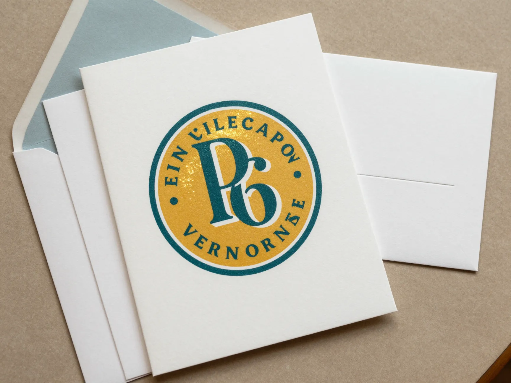 Retro modern circular monogram with spot gloss on invitation suite