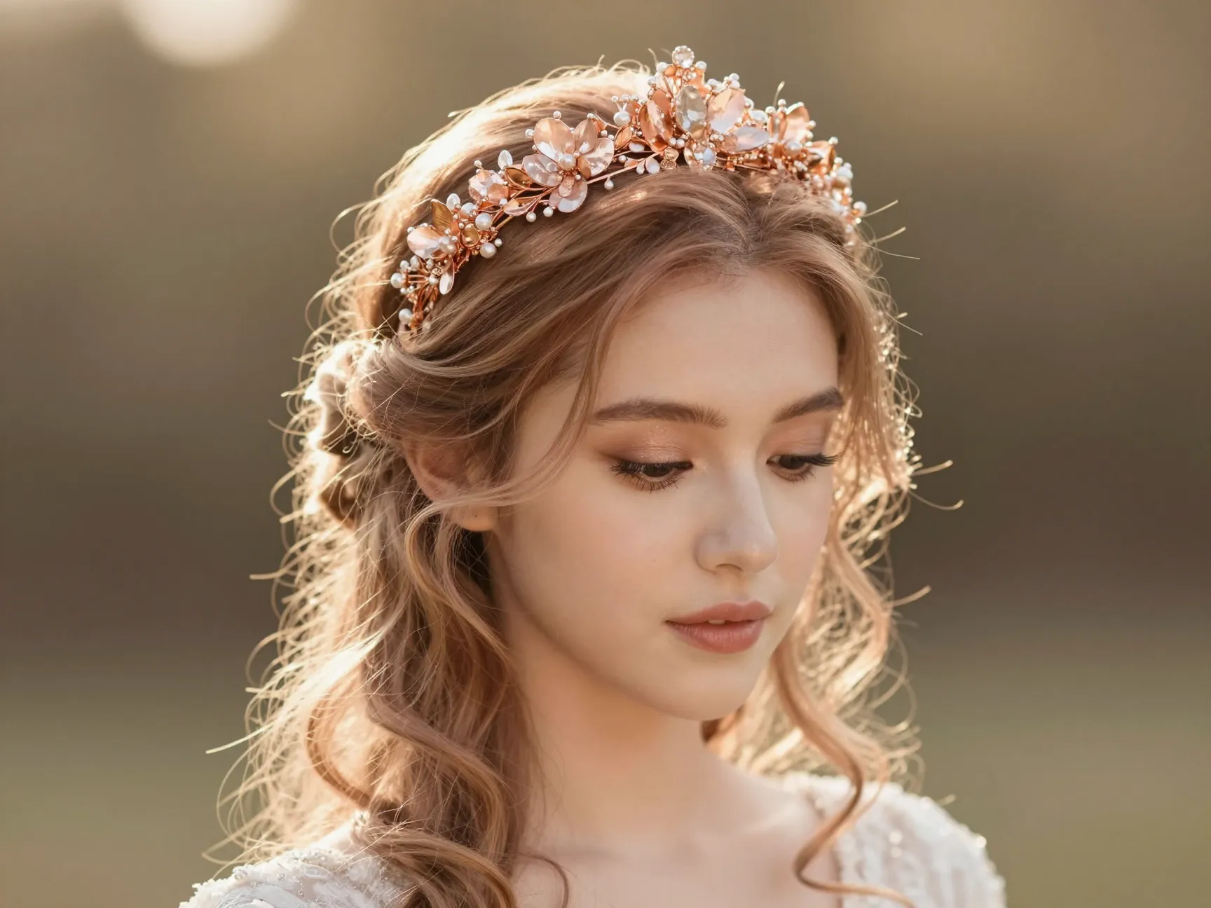 Rose gold headdress with soft embellishments on romantic hairstyle