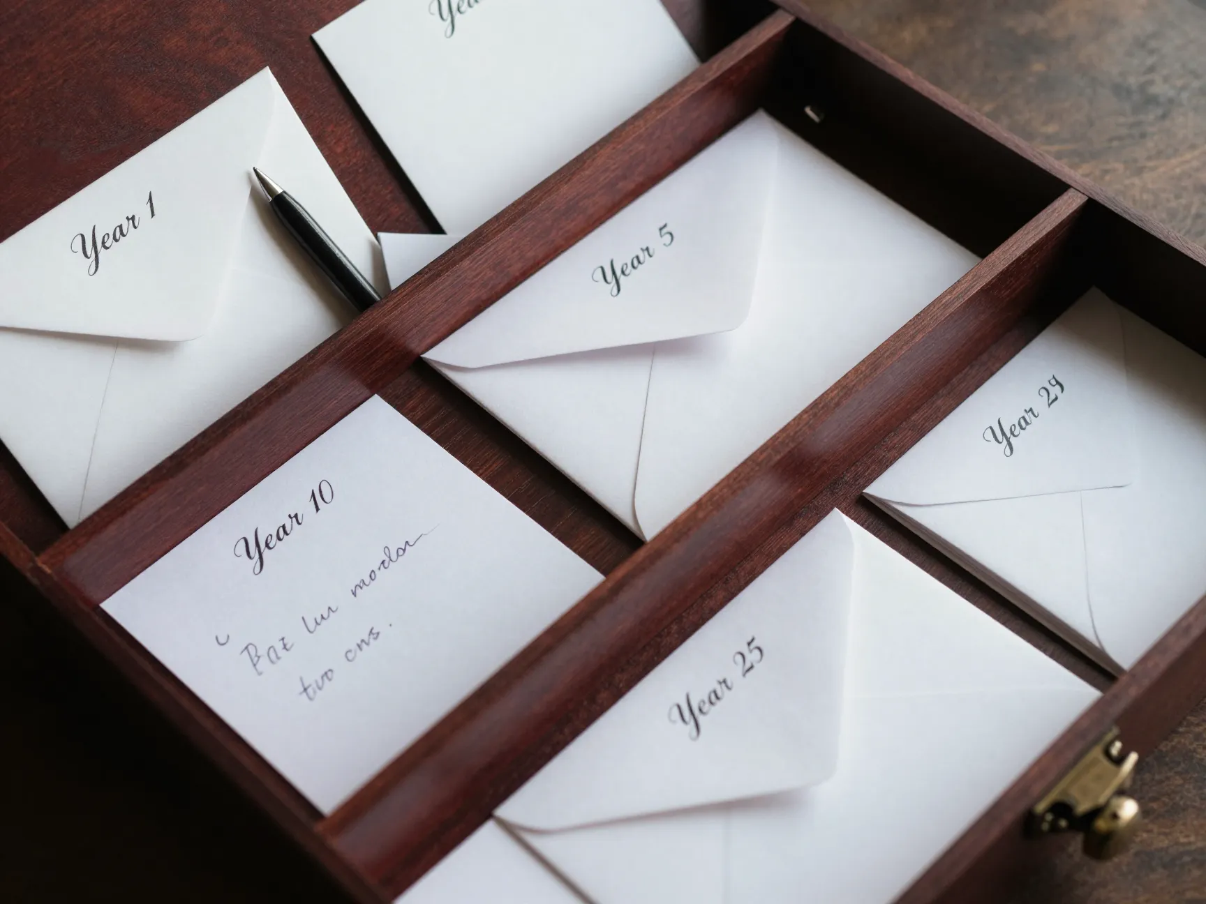 Anniversary message box with sorted milestone envelopes