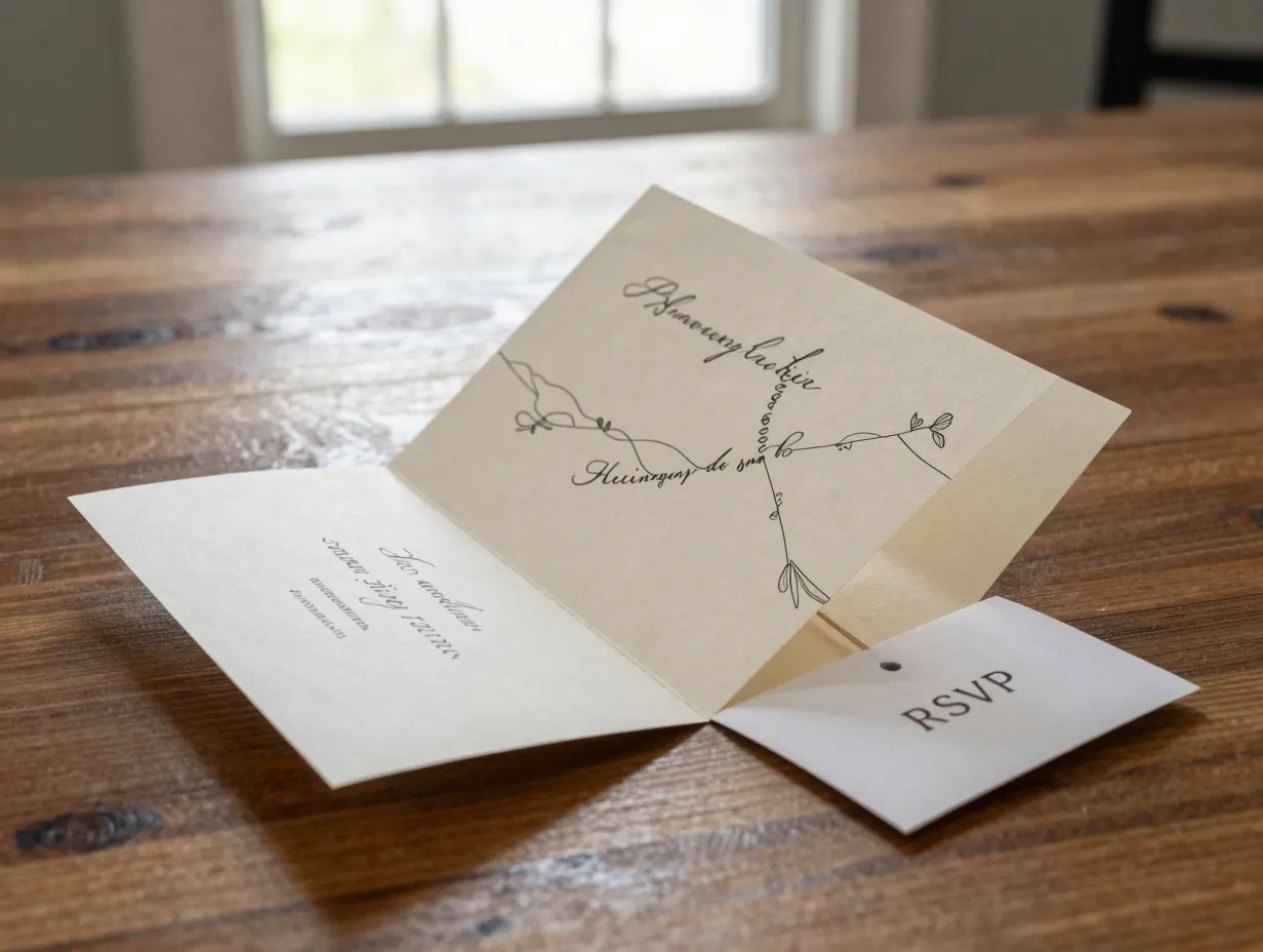 Interactive accordion fold invitation unfolding on a table