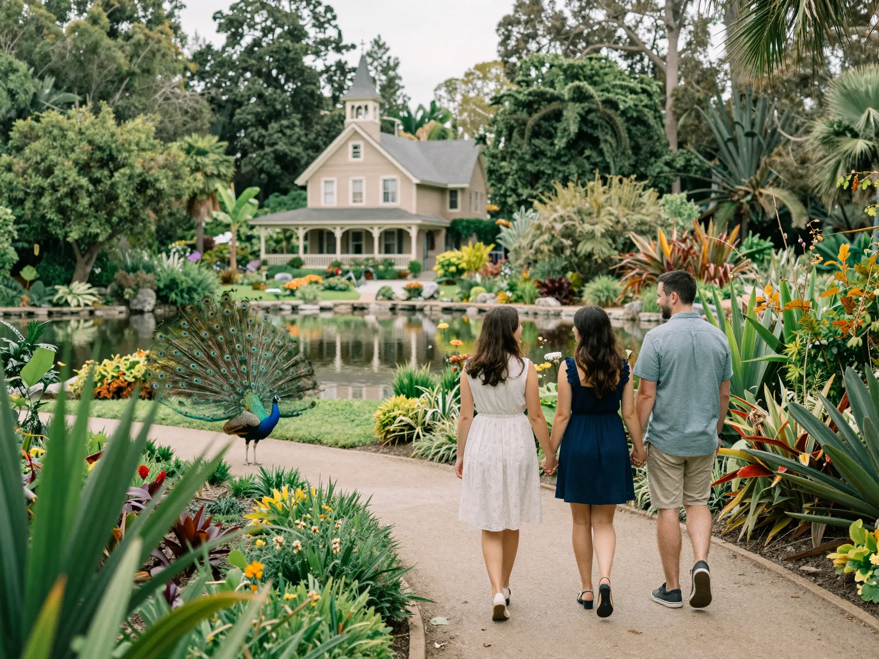 A couple walks hand in hand through the lush los angeles arboretum