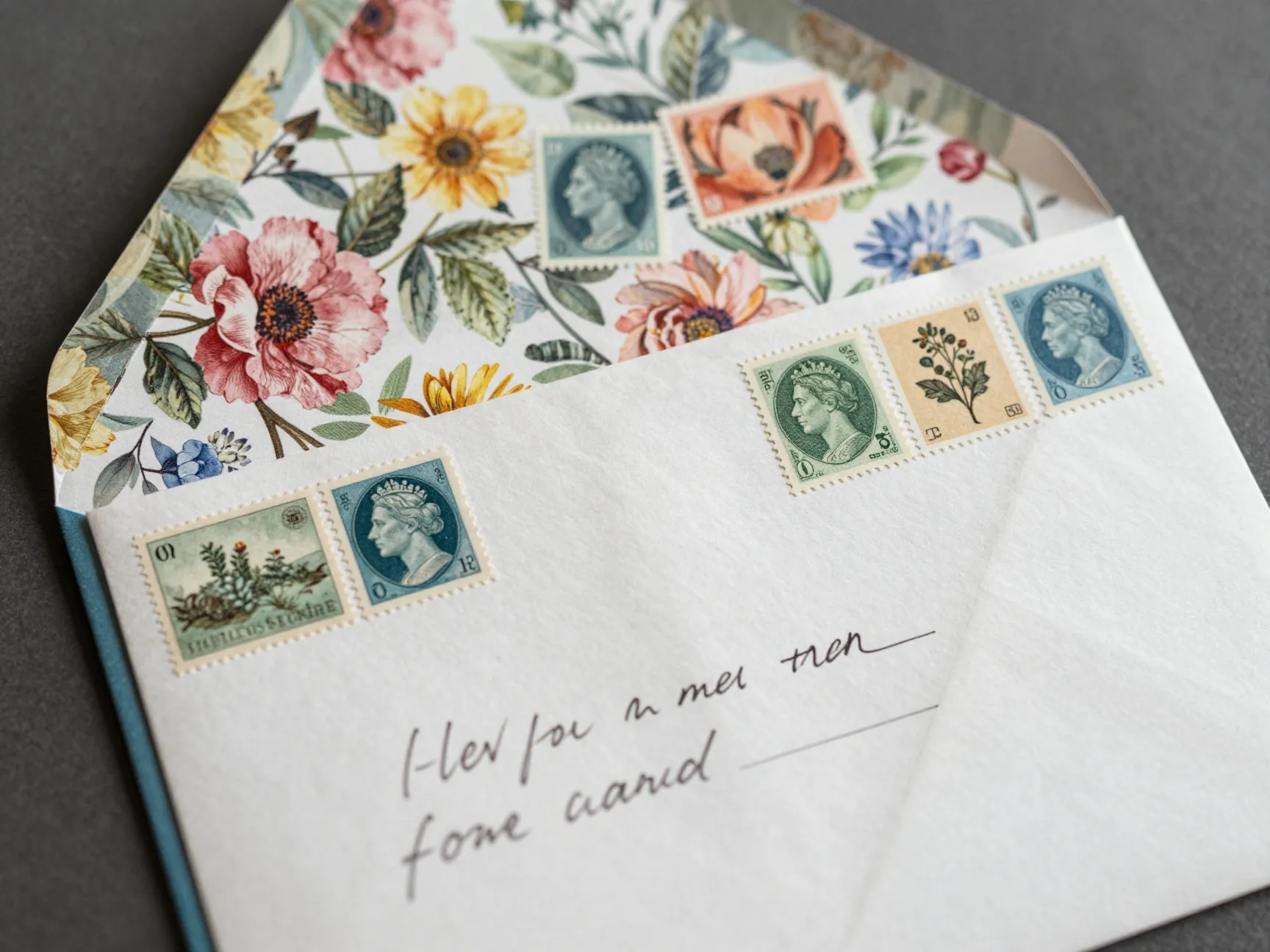 Envelope with floral liner and curated vintage postage stamps
