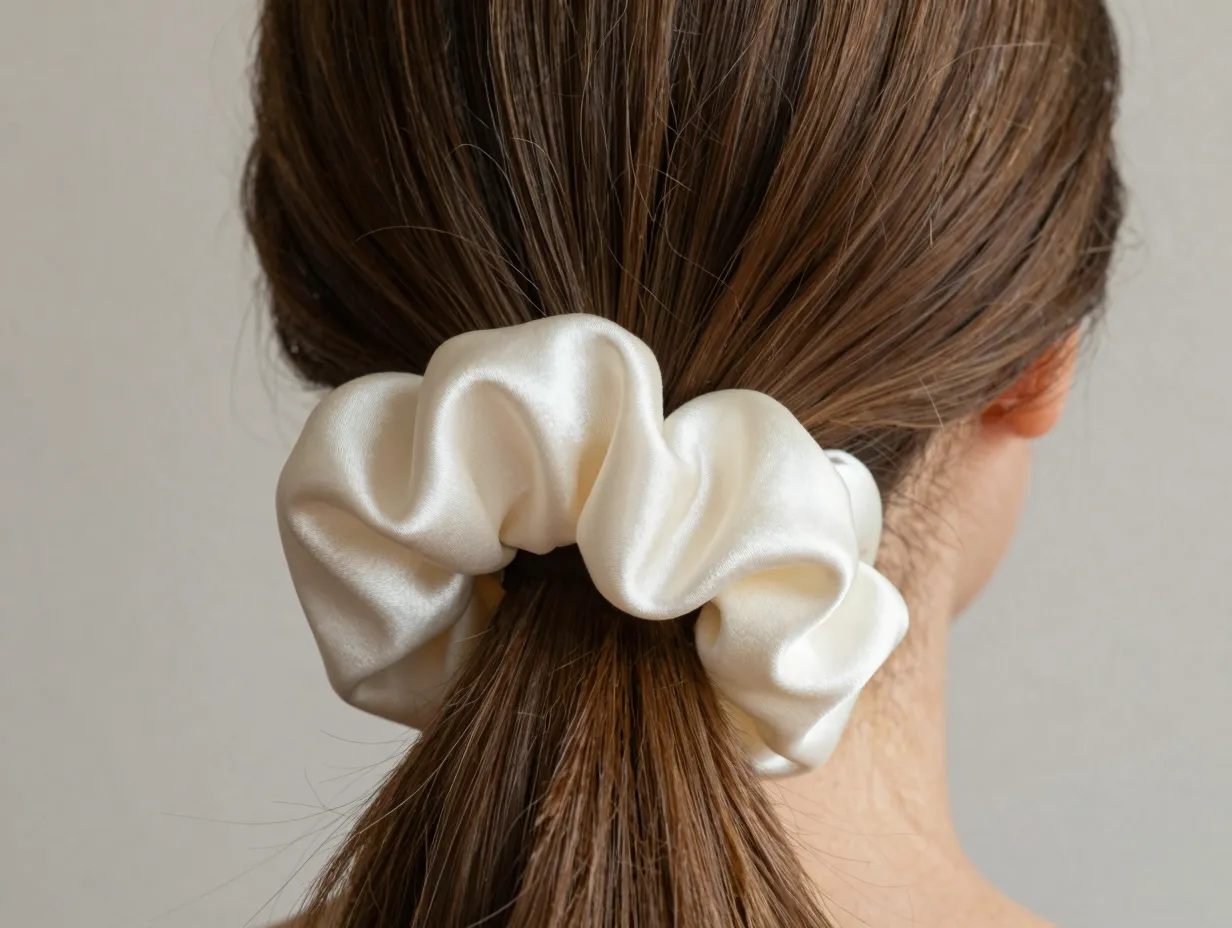 Ivory silk scrunchie on sleek low ponytail detail shot