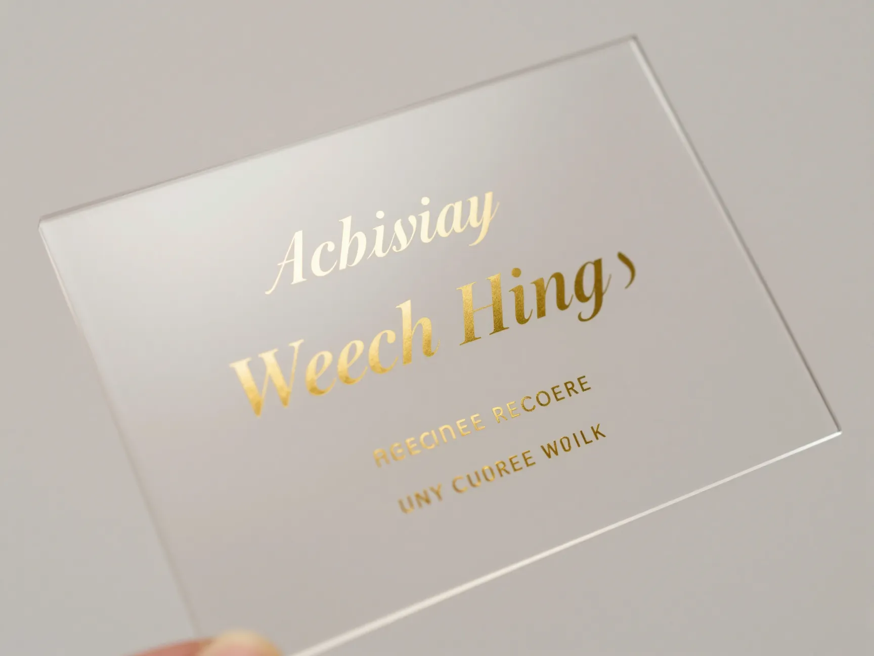 Clear acrylic invitation with gold foil lettering in soft light