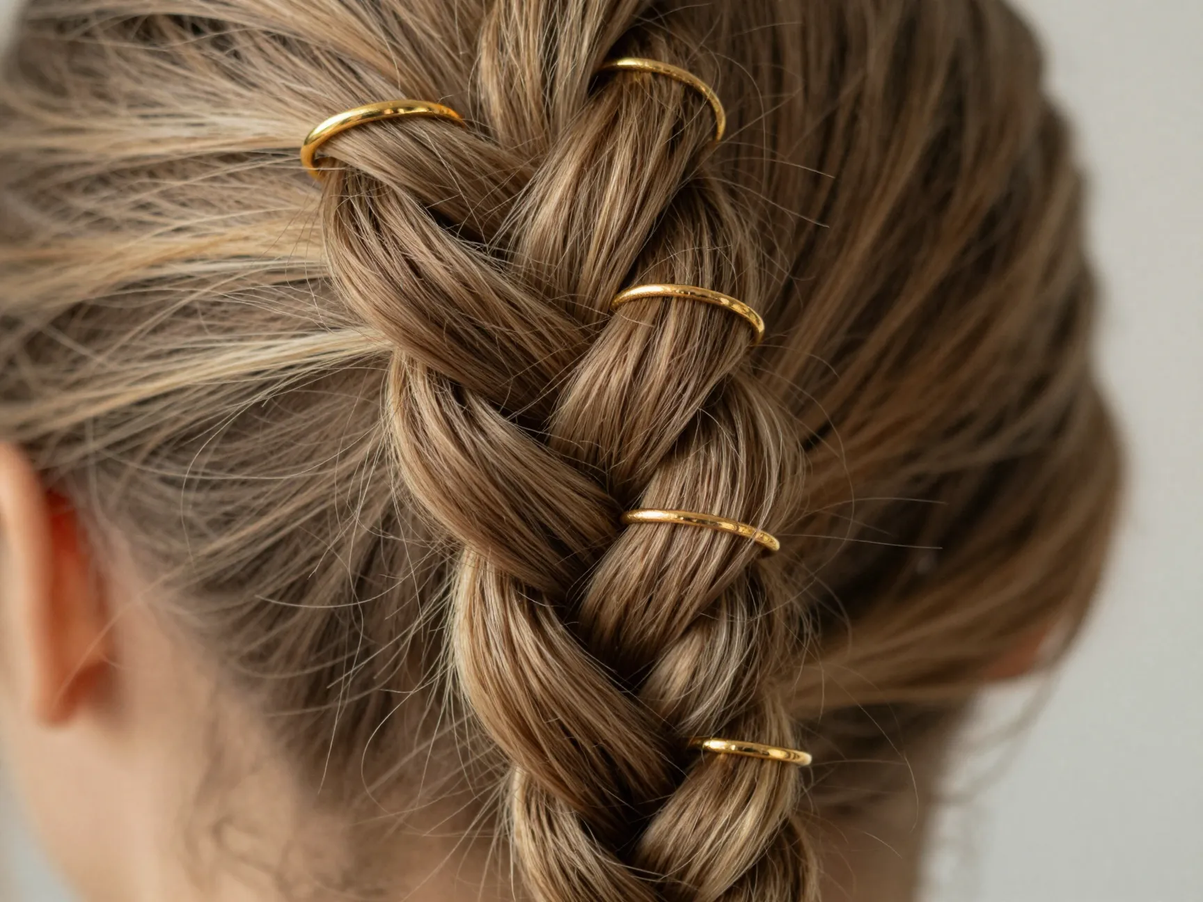 Delicate gold rings woven into a fishtail braid detail