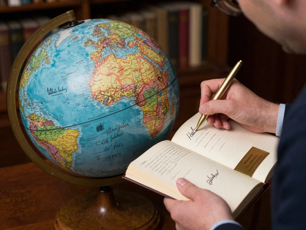 Vintage globe guest book with guests signing hometowns