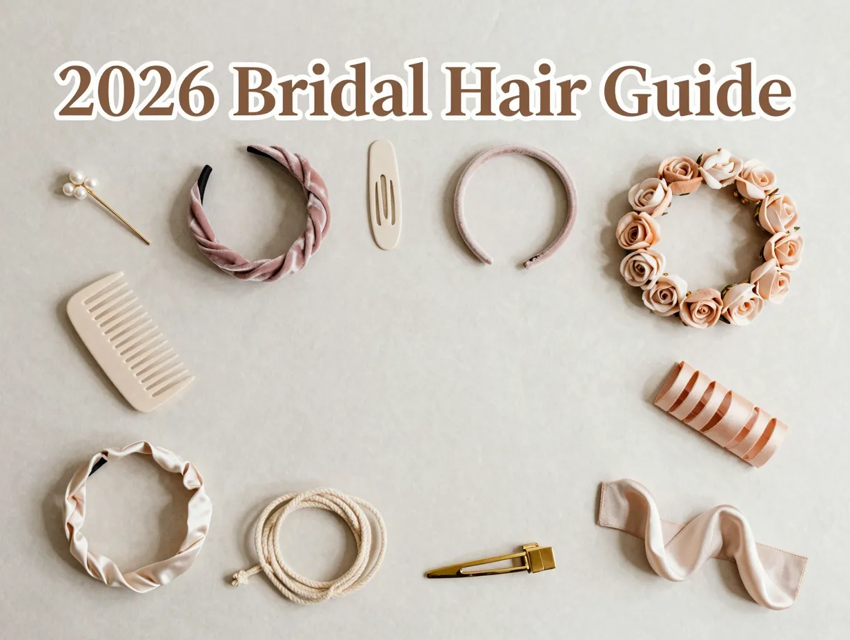 2026 bridal hairstyle guide flat lay accessories