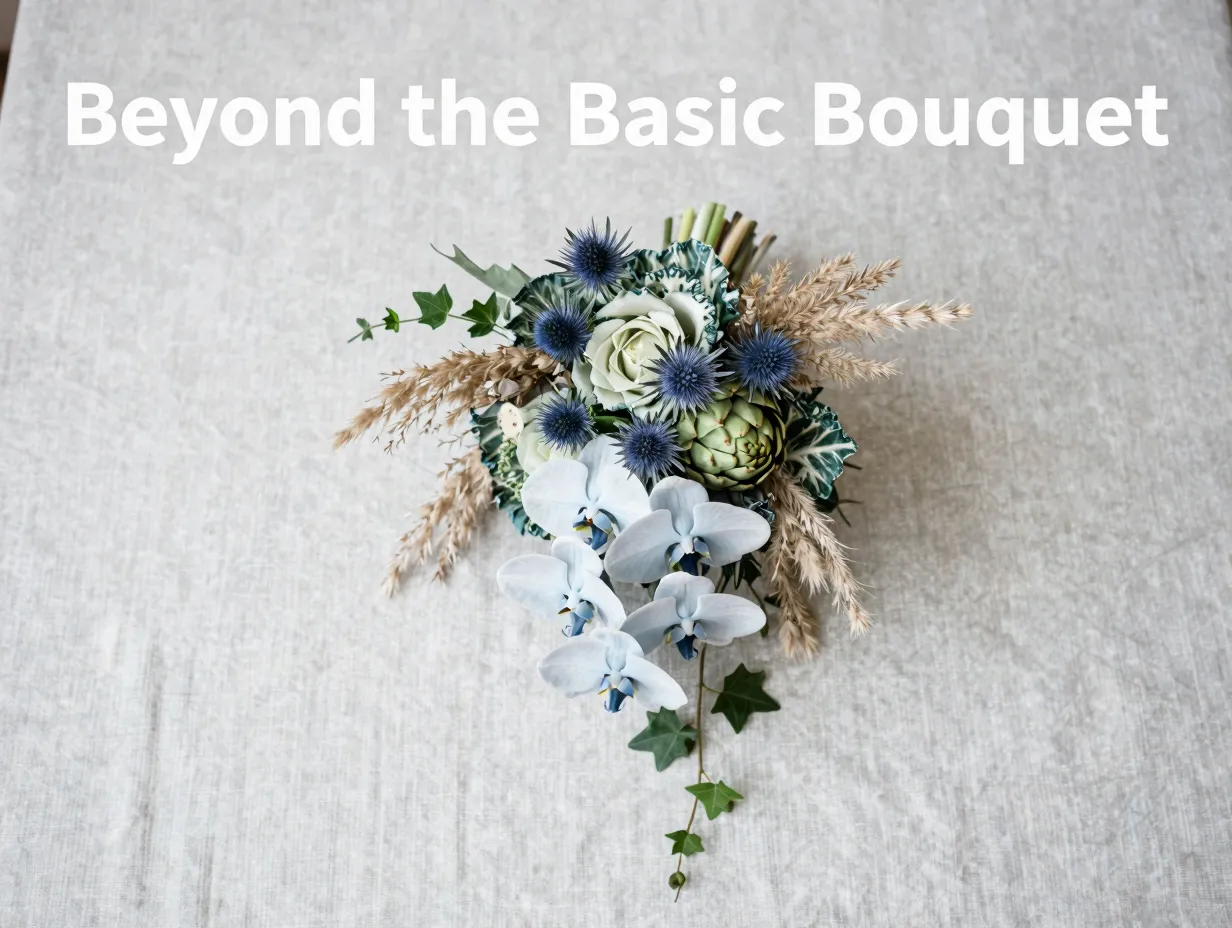 Aerial view sculptural blue bouquet artichoke pampas on linen