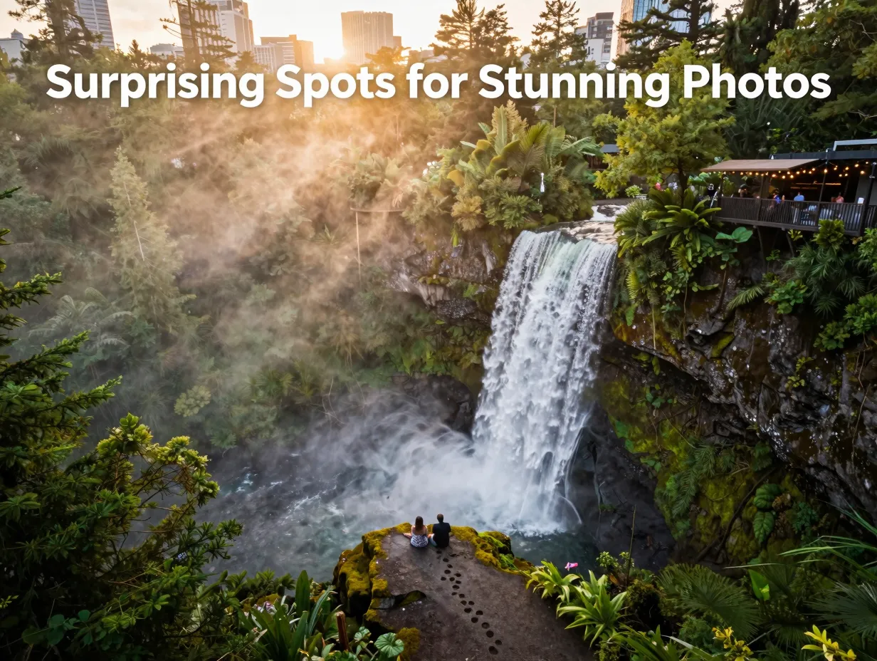Couple waterfall city rooftop dual location golden hour mist