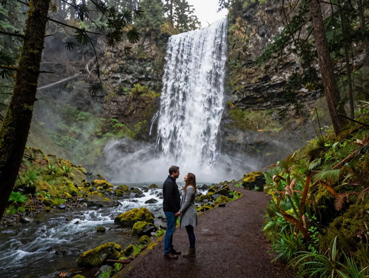 Dramatic waterfall forest trail with couple at snoqualmie falls washington