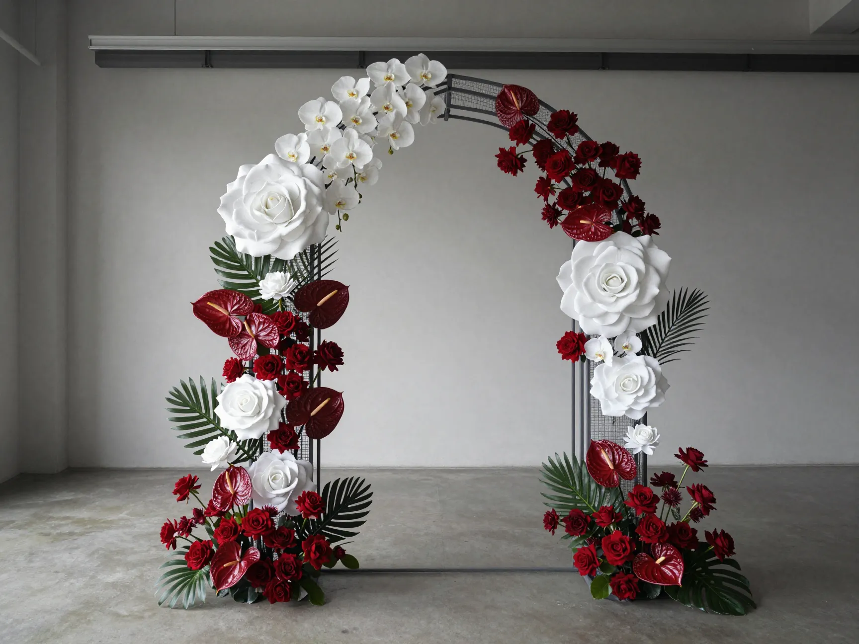 Geometric arch floral installation with orchids roses anthuriums