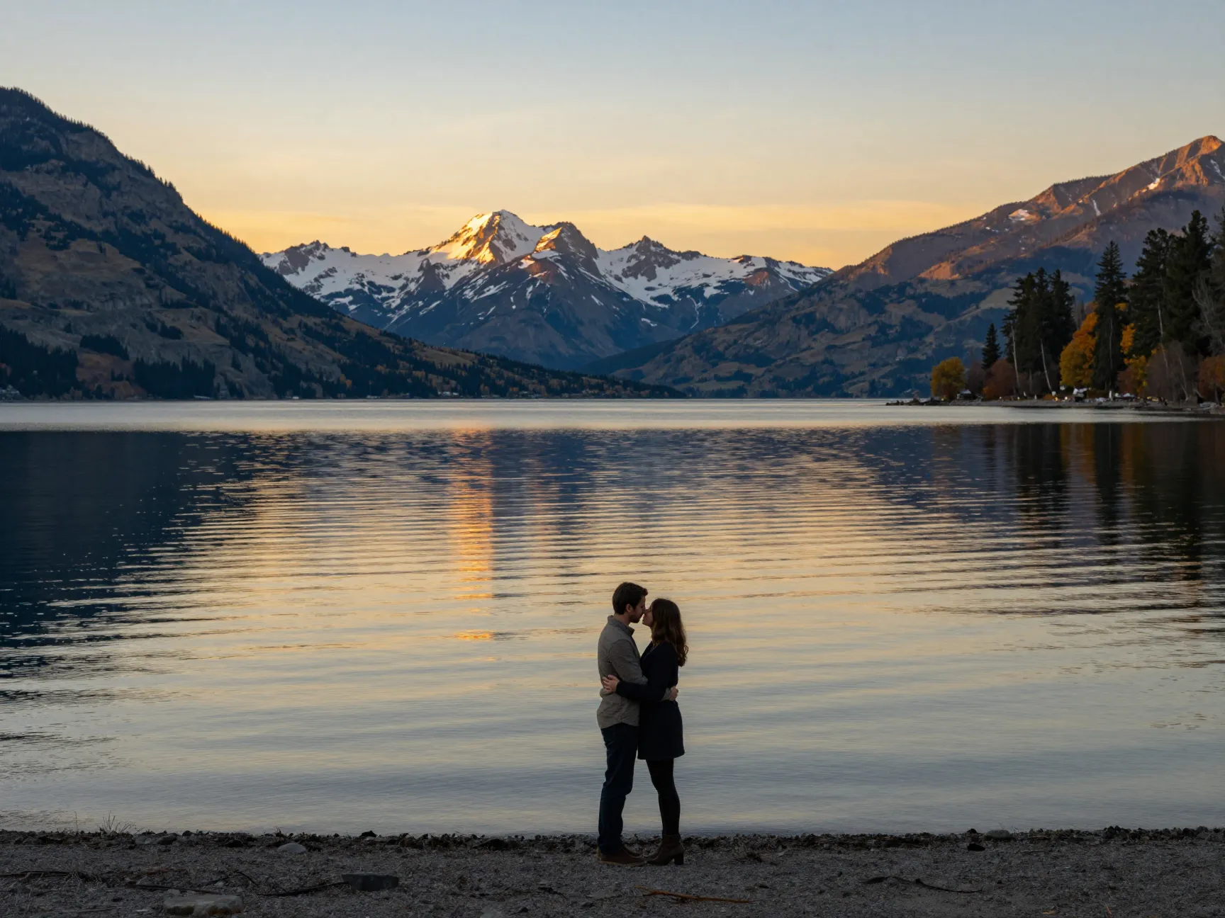 Golden sunset reflections on alpine lake with couple at lake wenatchee