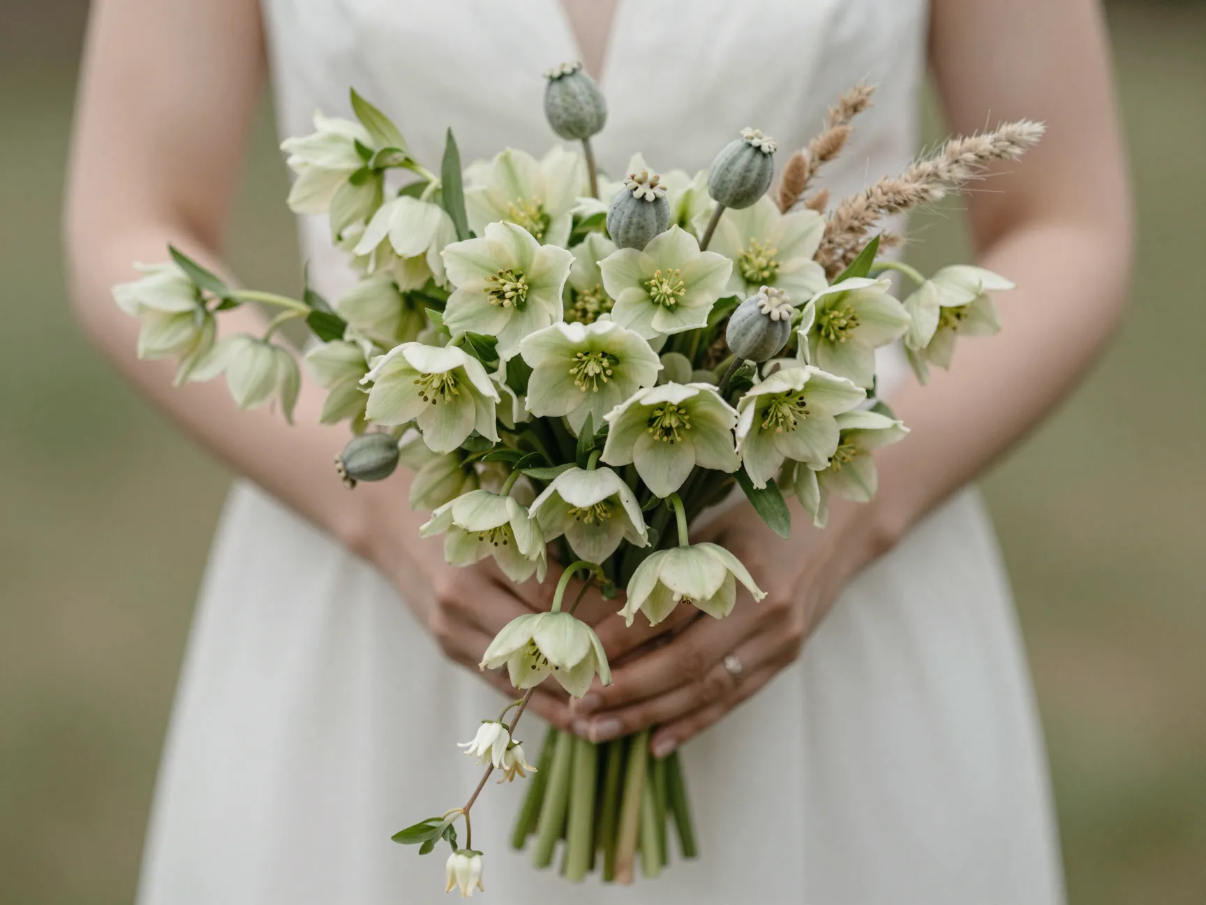 Asymmetrical bridal bouquet with fritillaria hellebore poppy pods