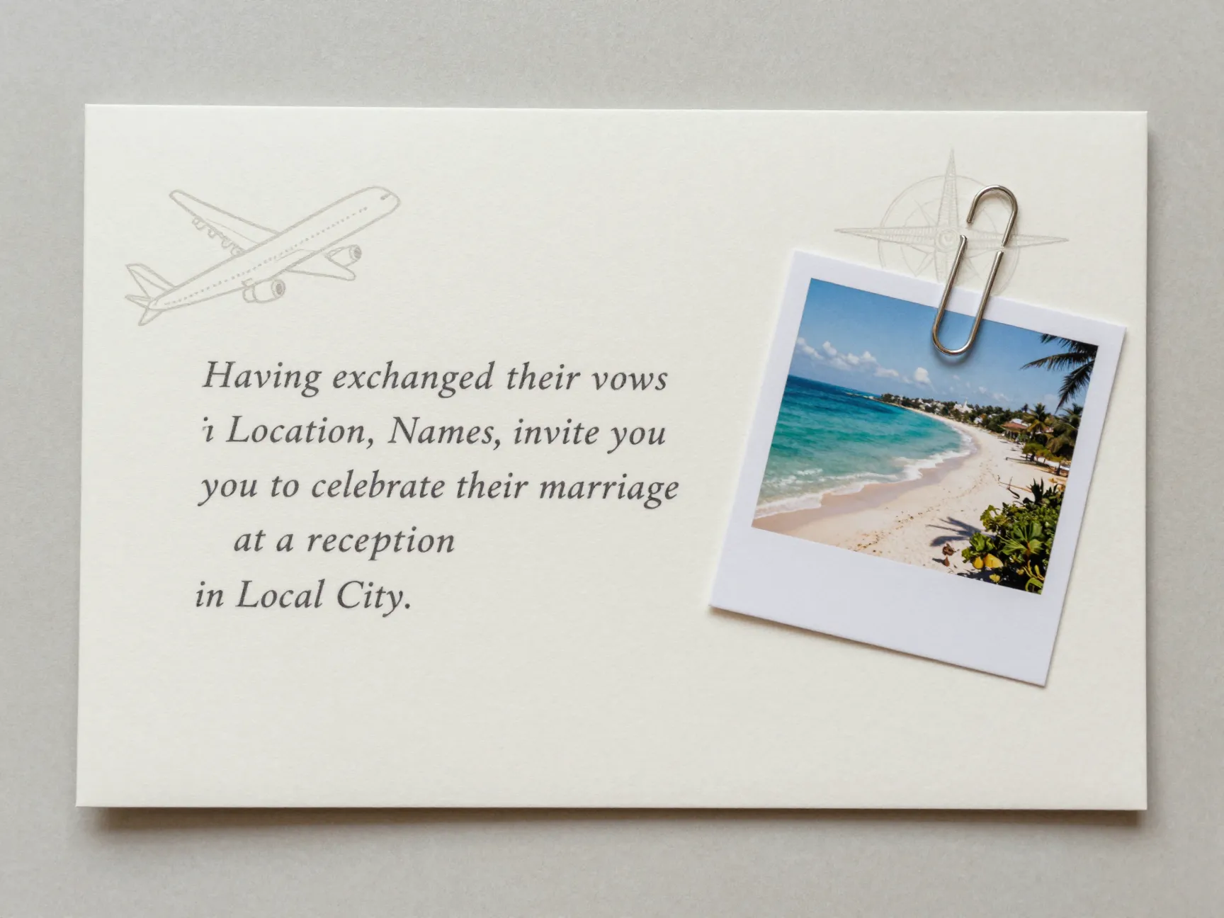 Destination wedding reception invitation with a subtle map or location motif