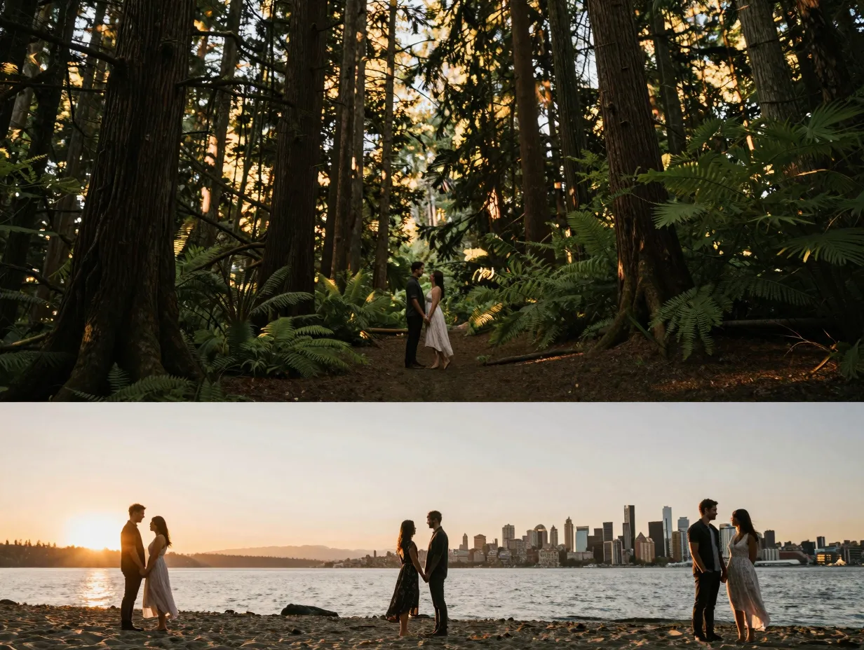 Three diverse landscapes forest beach and city skyline at golden gardens park