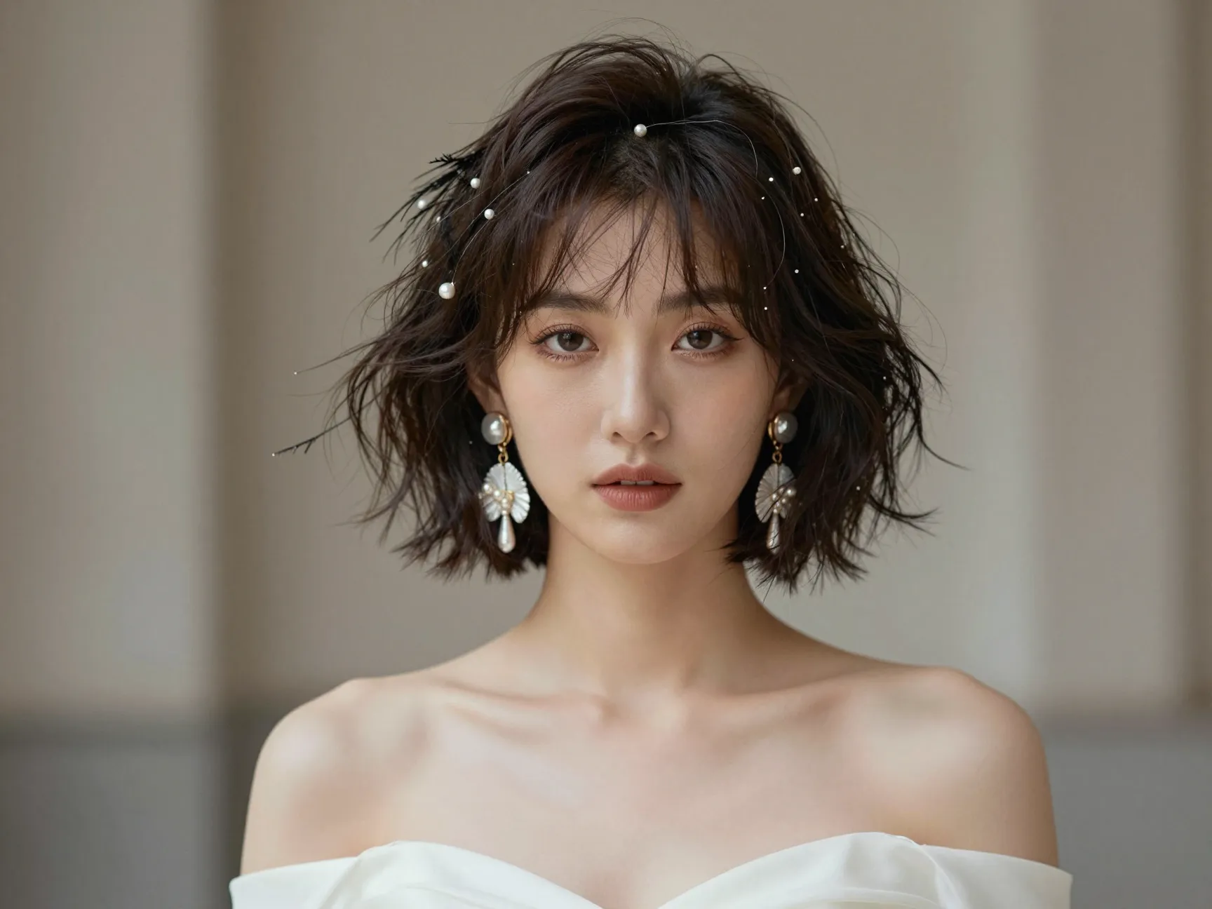 Bride with feathered bob hairstyle for a chic city hall wedding