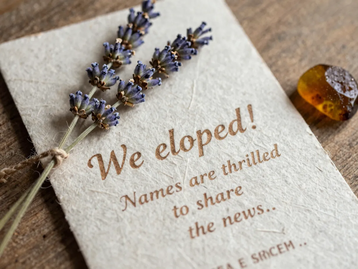 Rustic elopement celebration invitation with botanical elements and natural paper