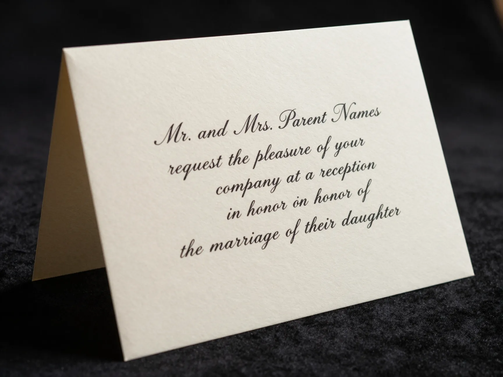 Formal traditional reception announcement card with engraved script on heavy paper