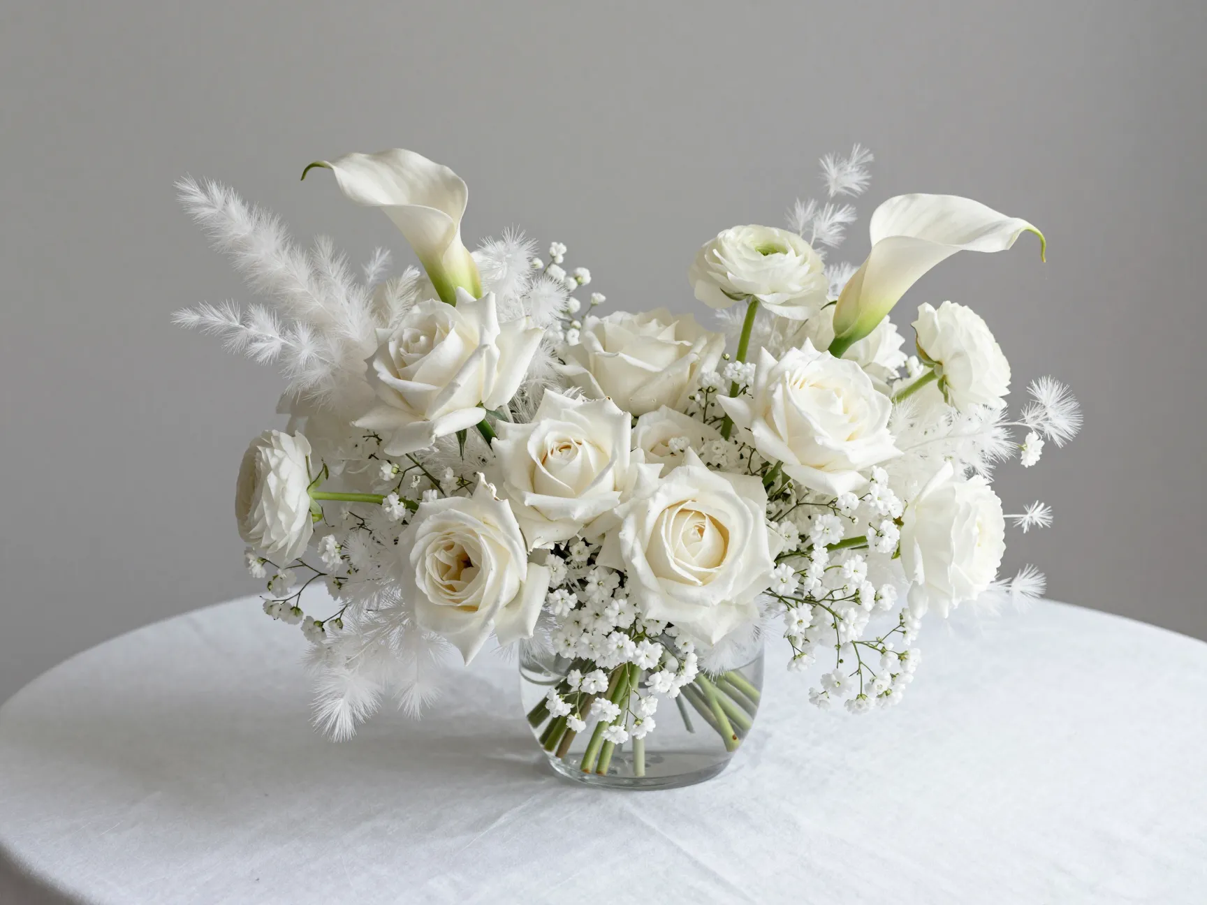 Monochromatic white textured centerpiece with varied blooms
