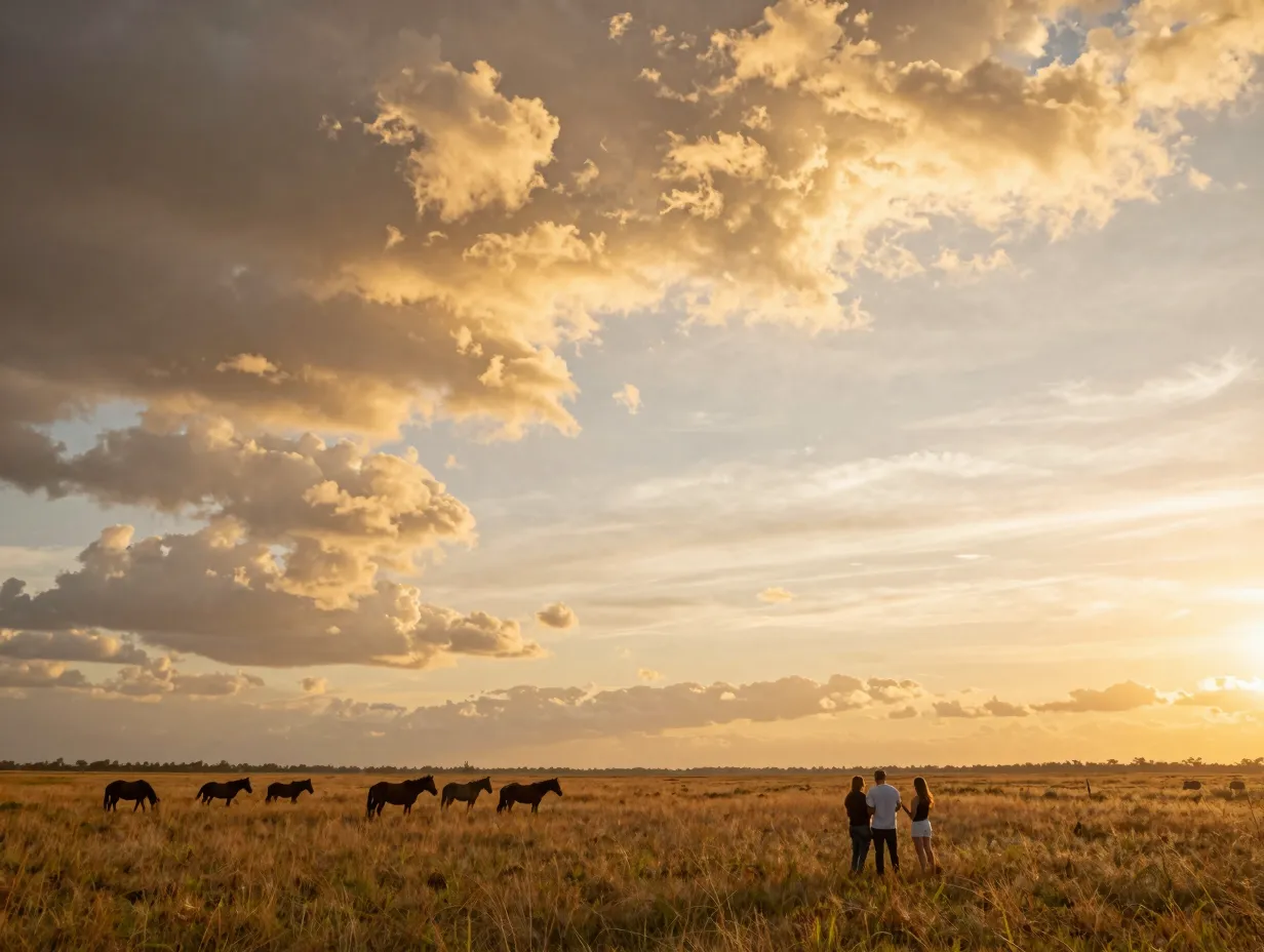 Sweeping prairie landscape with wild horses during golden hour at paynes prairie