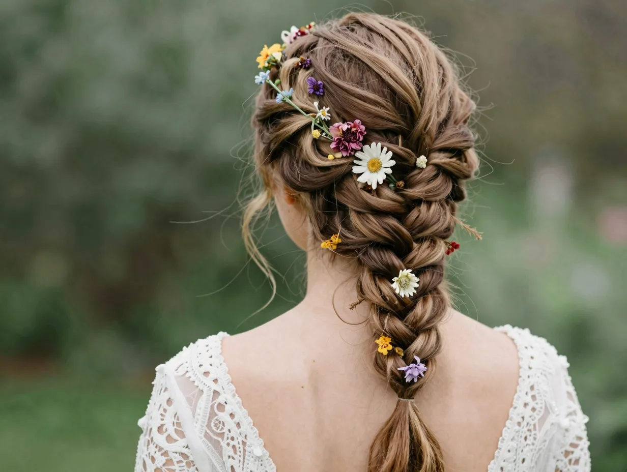 Bride with upswept braids and flowers for a bohemian garden party