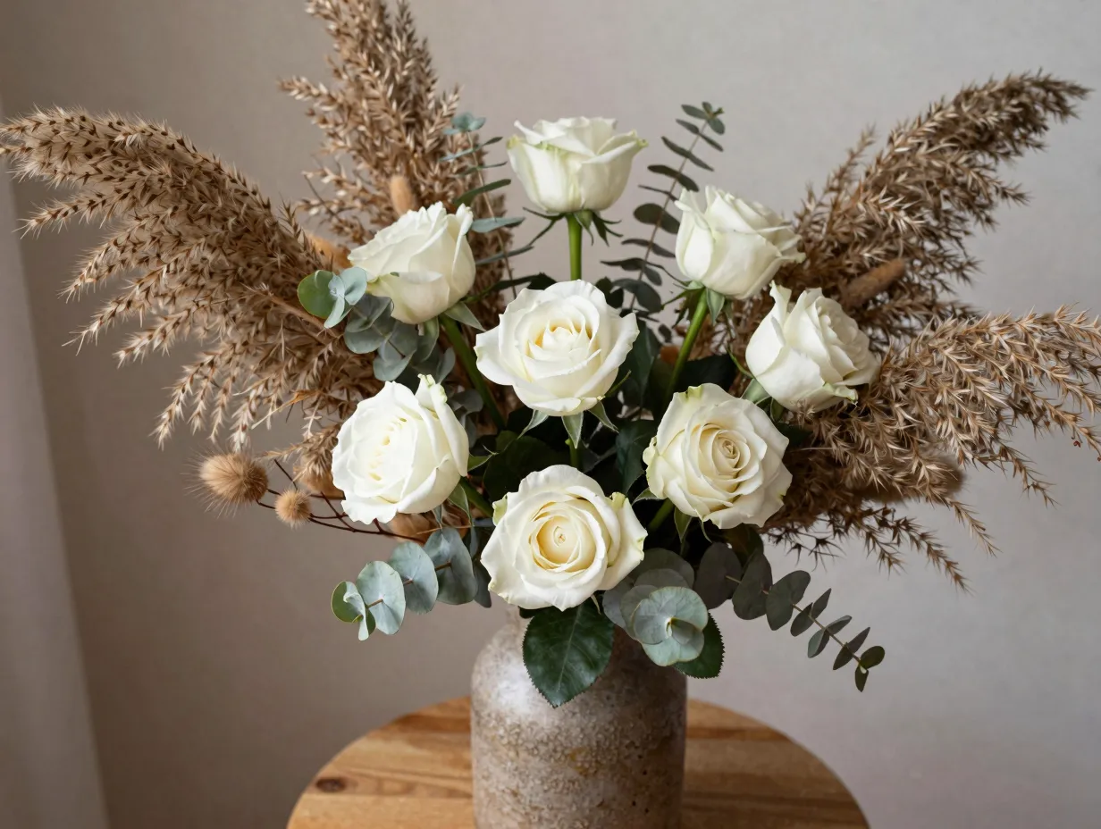 Fresh white roses with dried pampas grass in boho arrangement