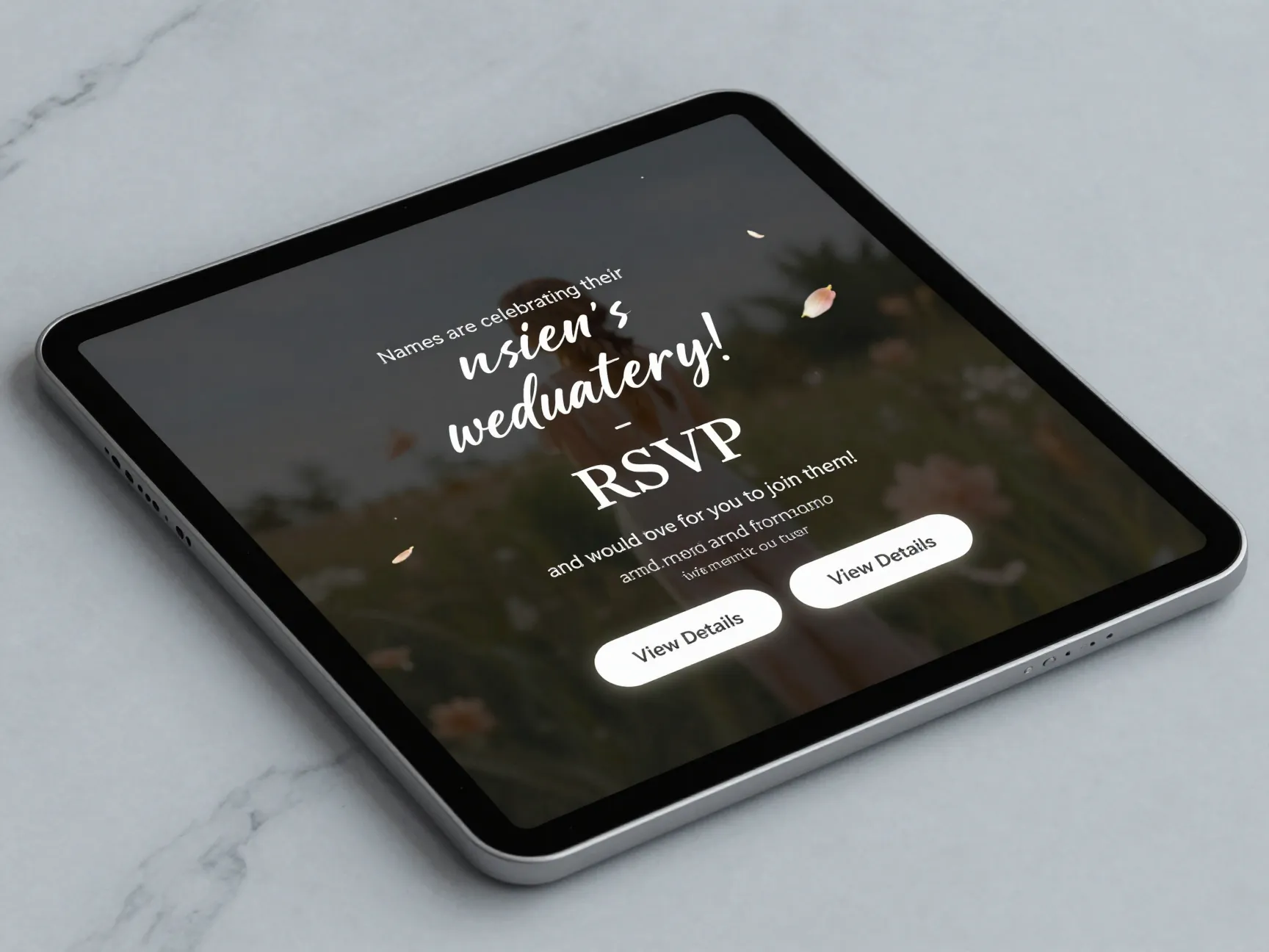 Digital reception invitation displayed on a sleek tablet screen with interactive elements