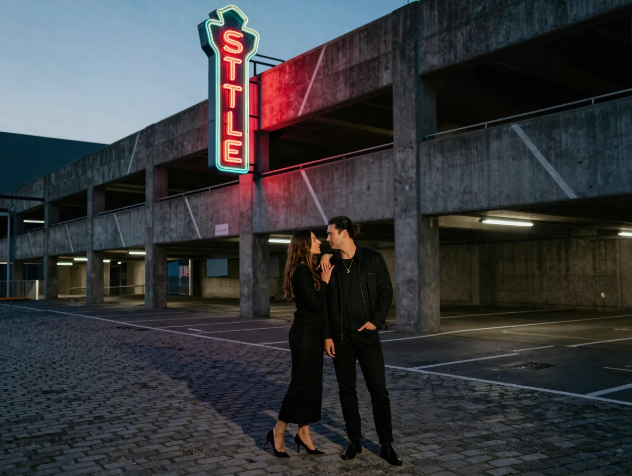 Urban editorial couple under neon signs in a seattle parking garage