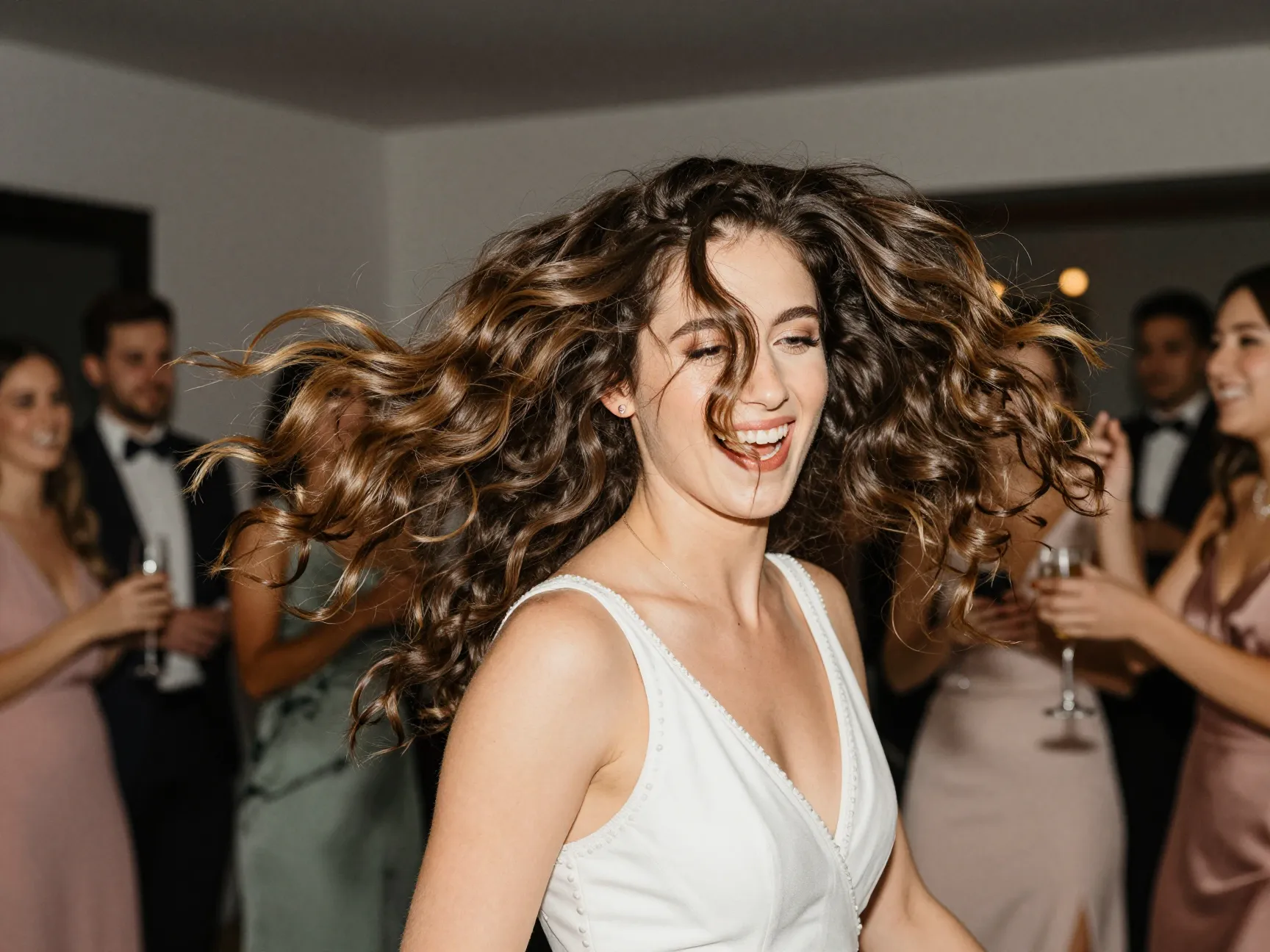 Bride with bouncy blowout big waves at a joyful cocktail reception