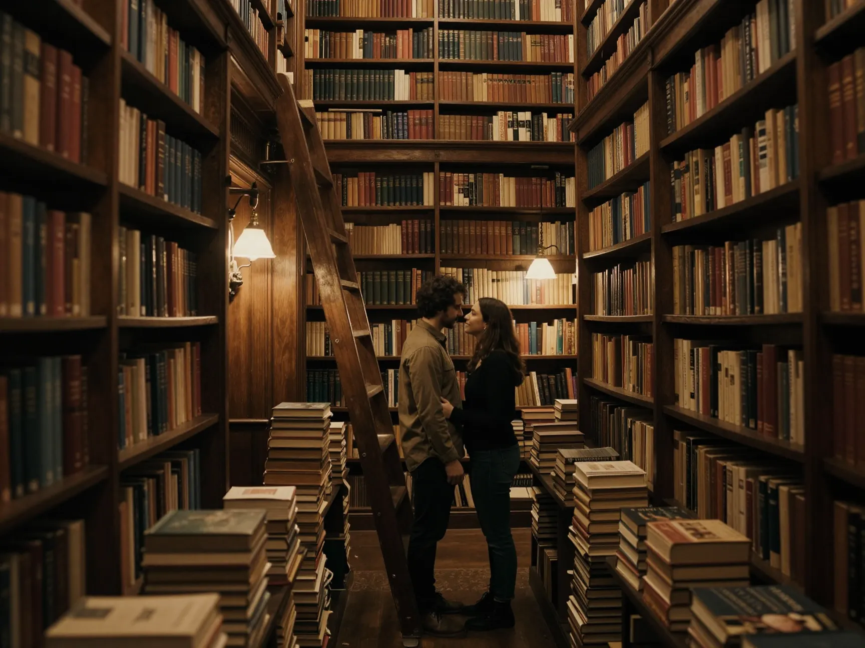 Moody intimate couple in a historic library with floor to ceiling bookshelves