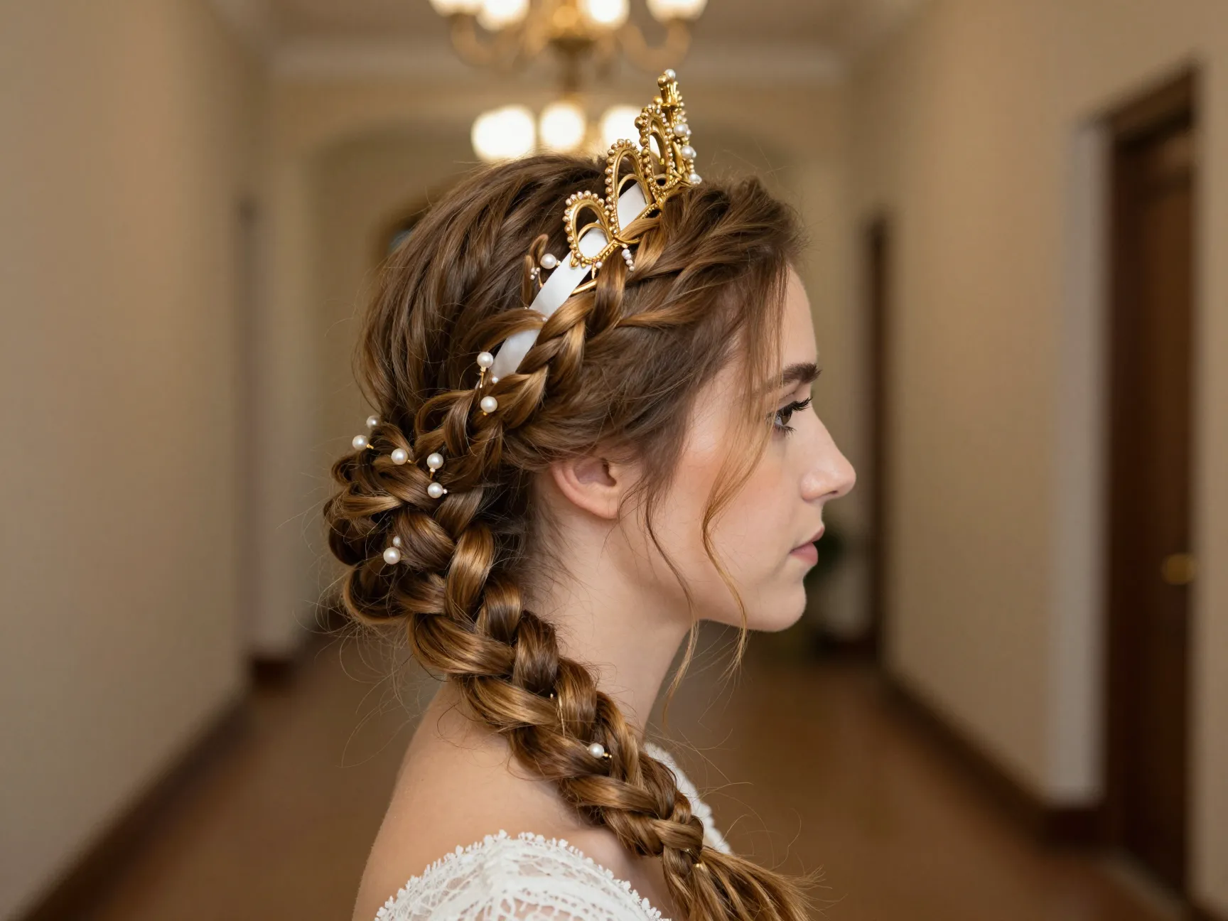 Bride with ornate gilded age crown braid in wedding venue hallway