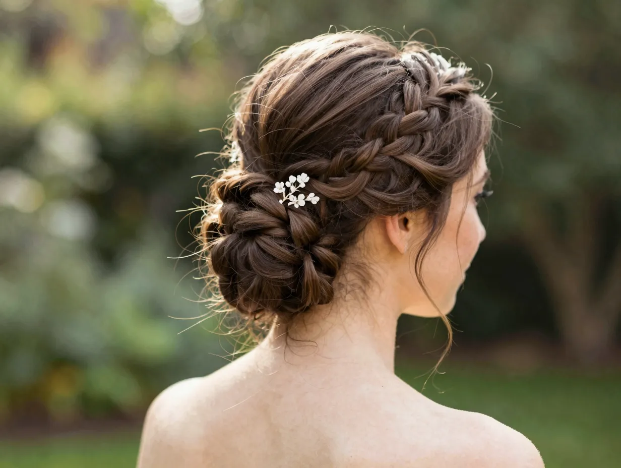 Bride with upswept romantic braid in garden wedding setting