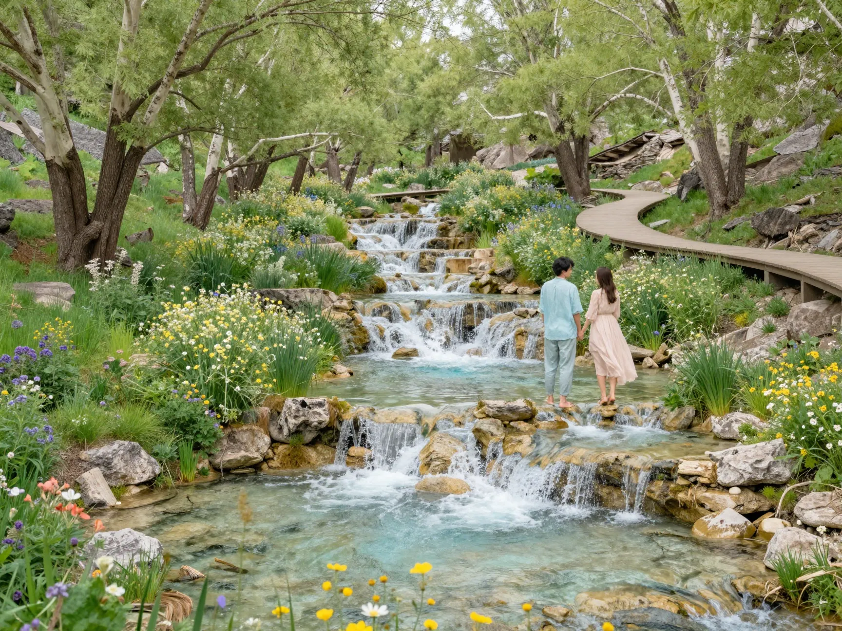 Cascade springs lush limestone terraces couple wildflowers
