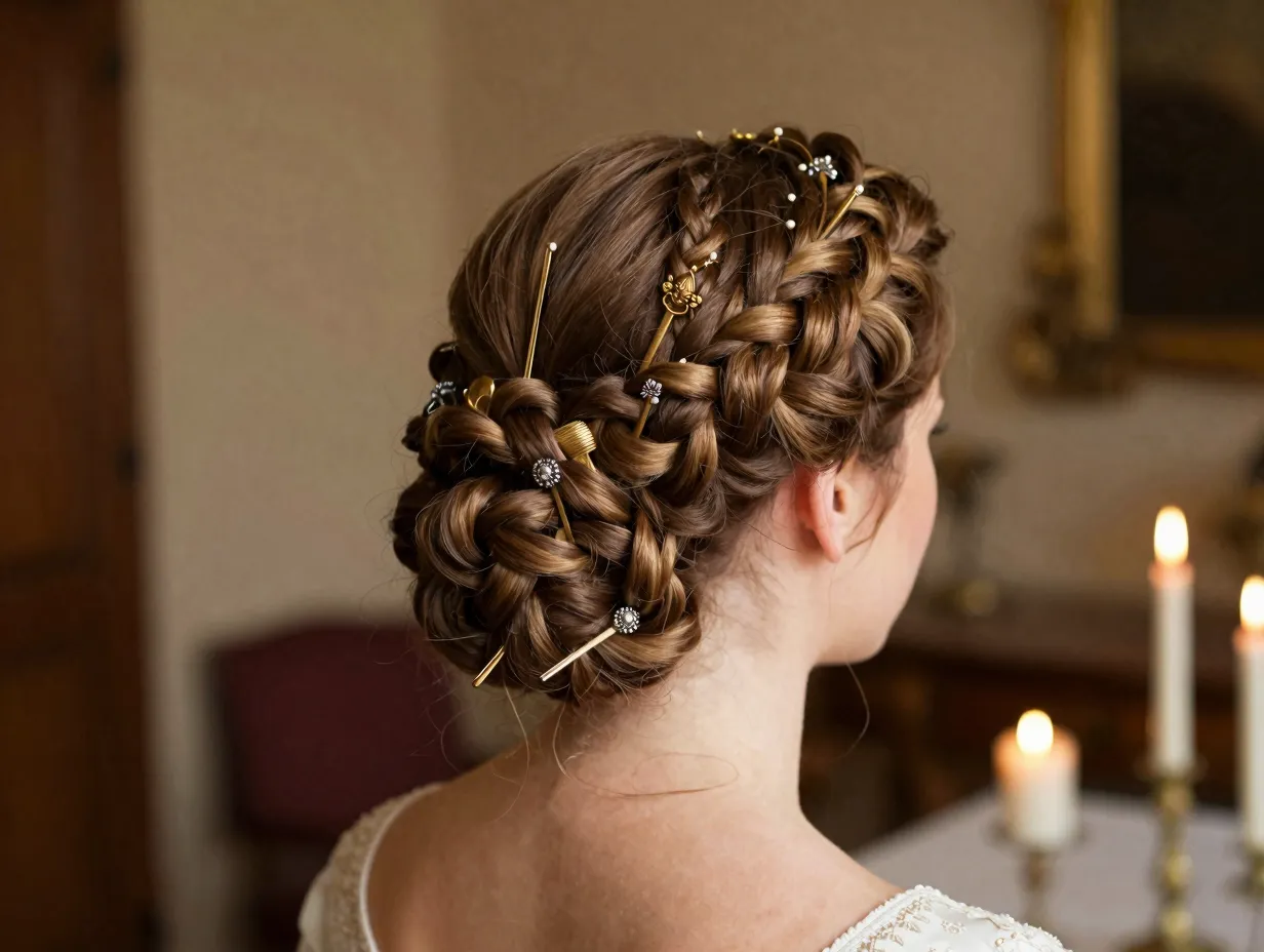 Bride with victorian twisted braid updo and vintage hairpins indoors