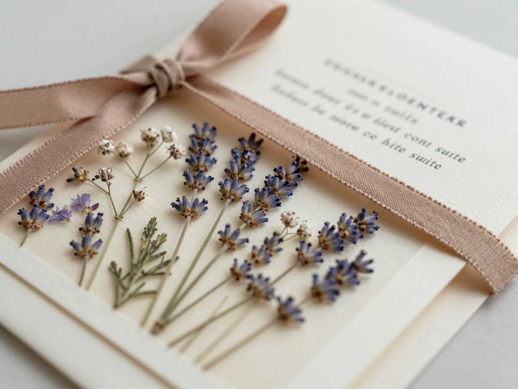 Wildflower pressed botanicals suite dried lavender vellum overlay cotton ribbon