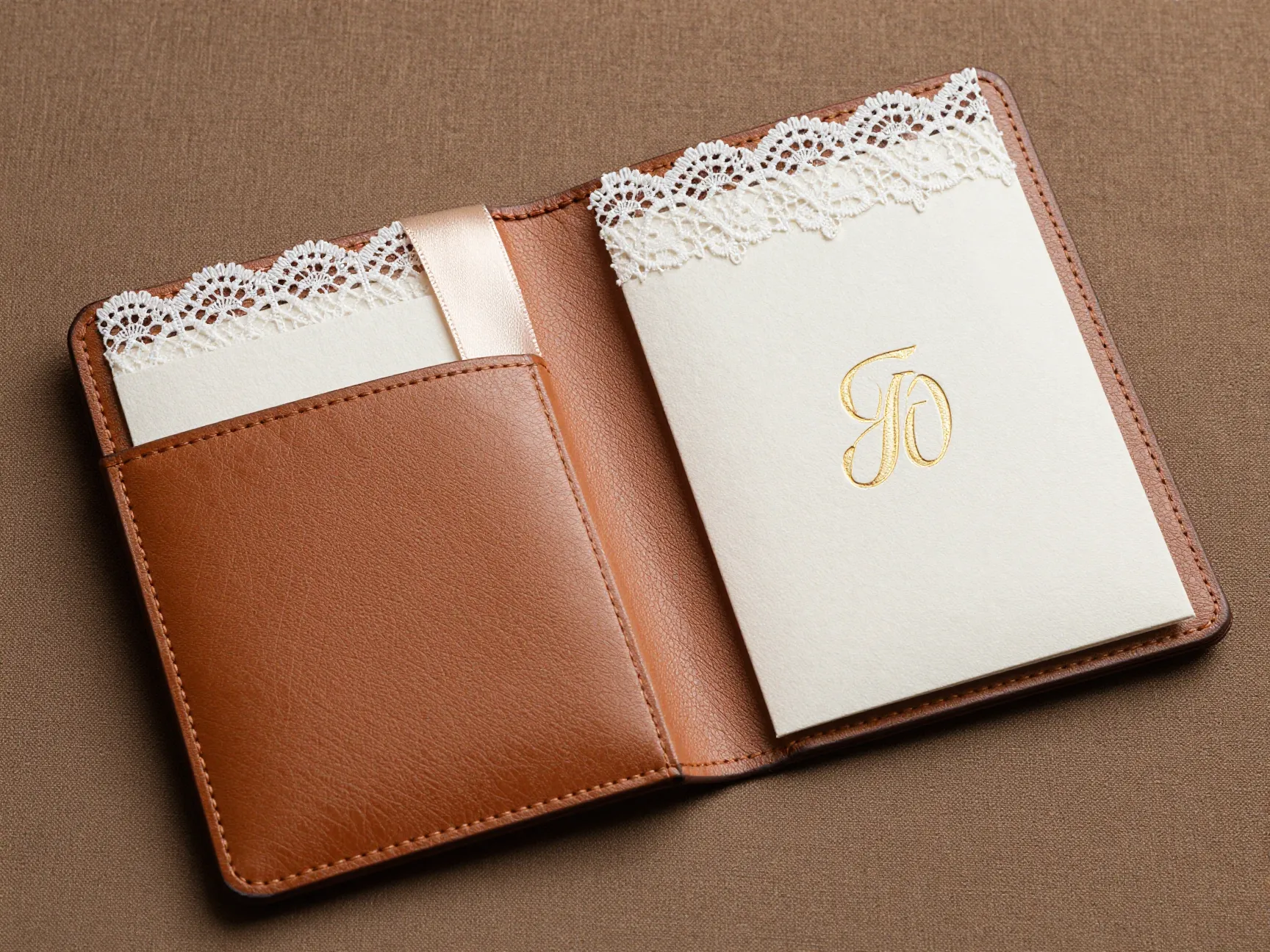 Leather and lace luxury suite laser engraved pocket folder satin ribbon