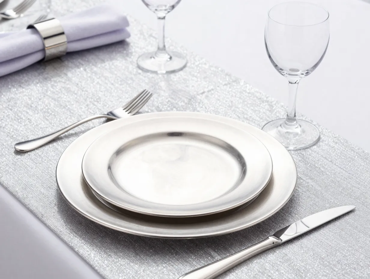Silver metallic wedding table setting with chrome and glassware