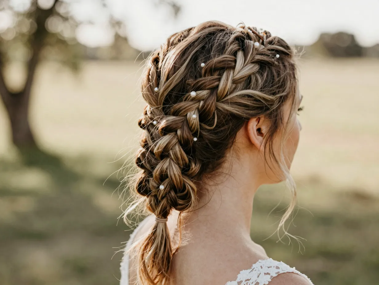 Bride with textured fishtail braid updo at bohemian outdoor wedding