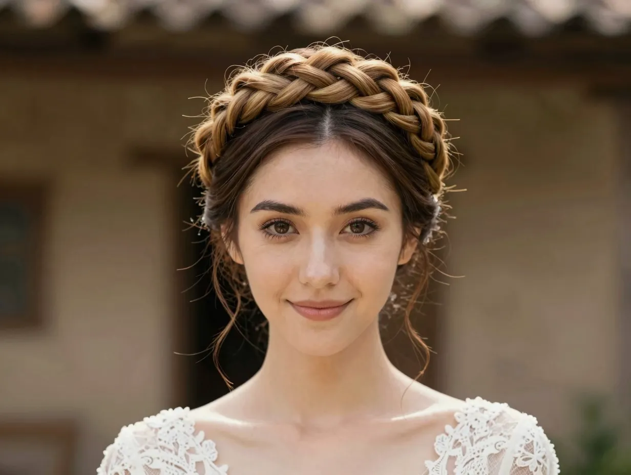 Bride with sculptural dutch braid crown at rustic outdoor wedding