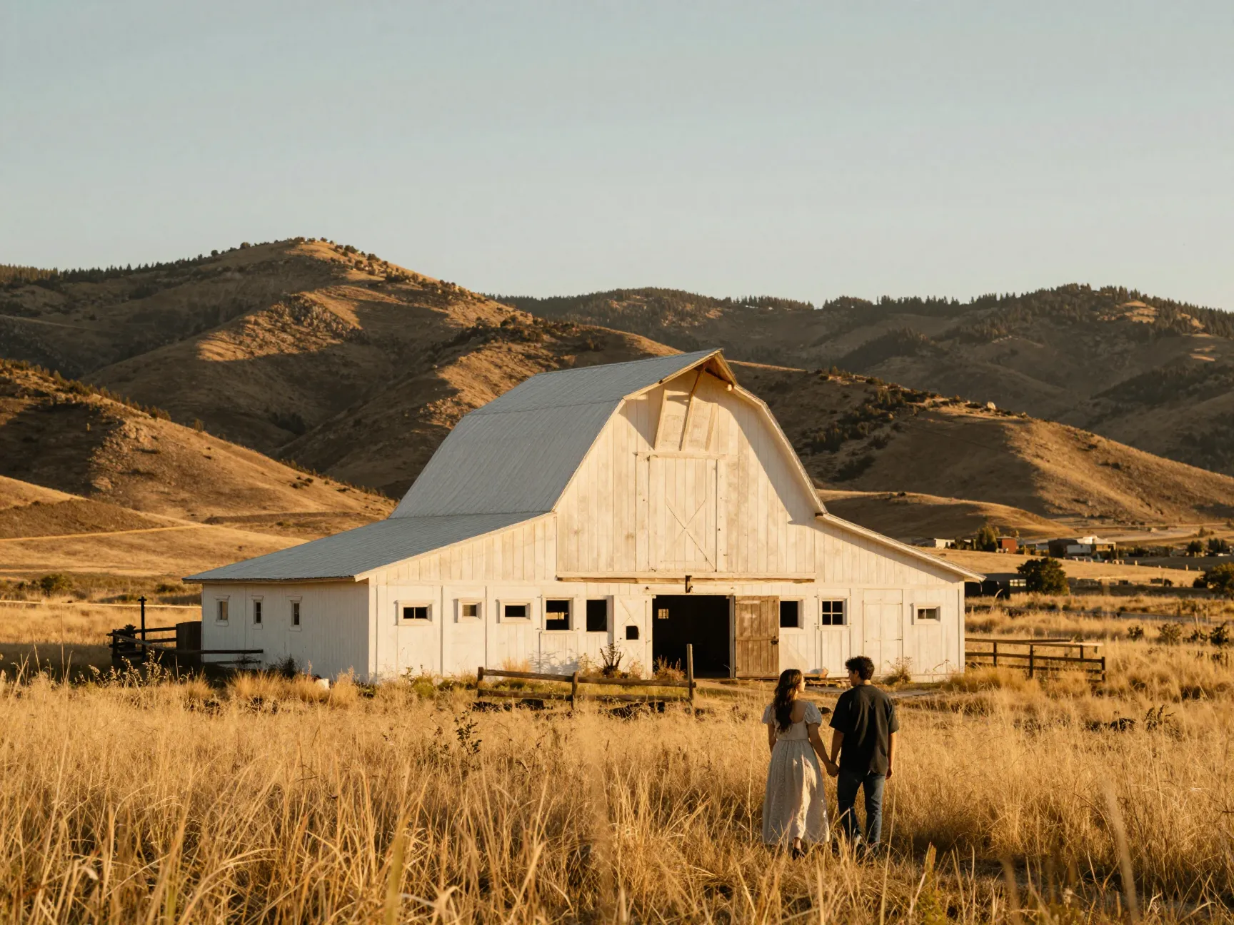 Mcpolin farm white barn golden hour couple foothills