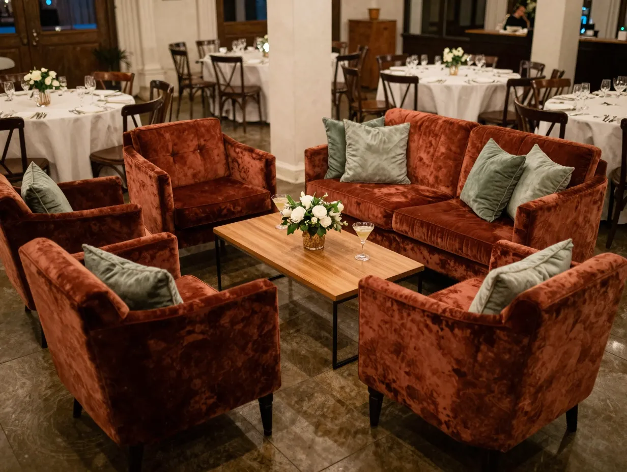 Wedding lounge seating cluster with velvet chairs and coffee table