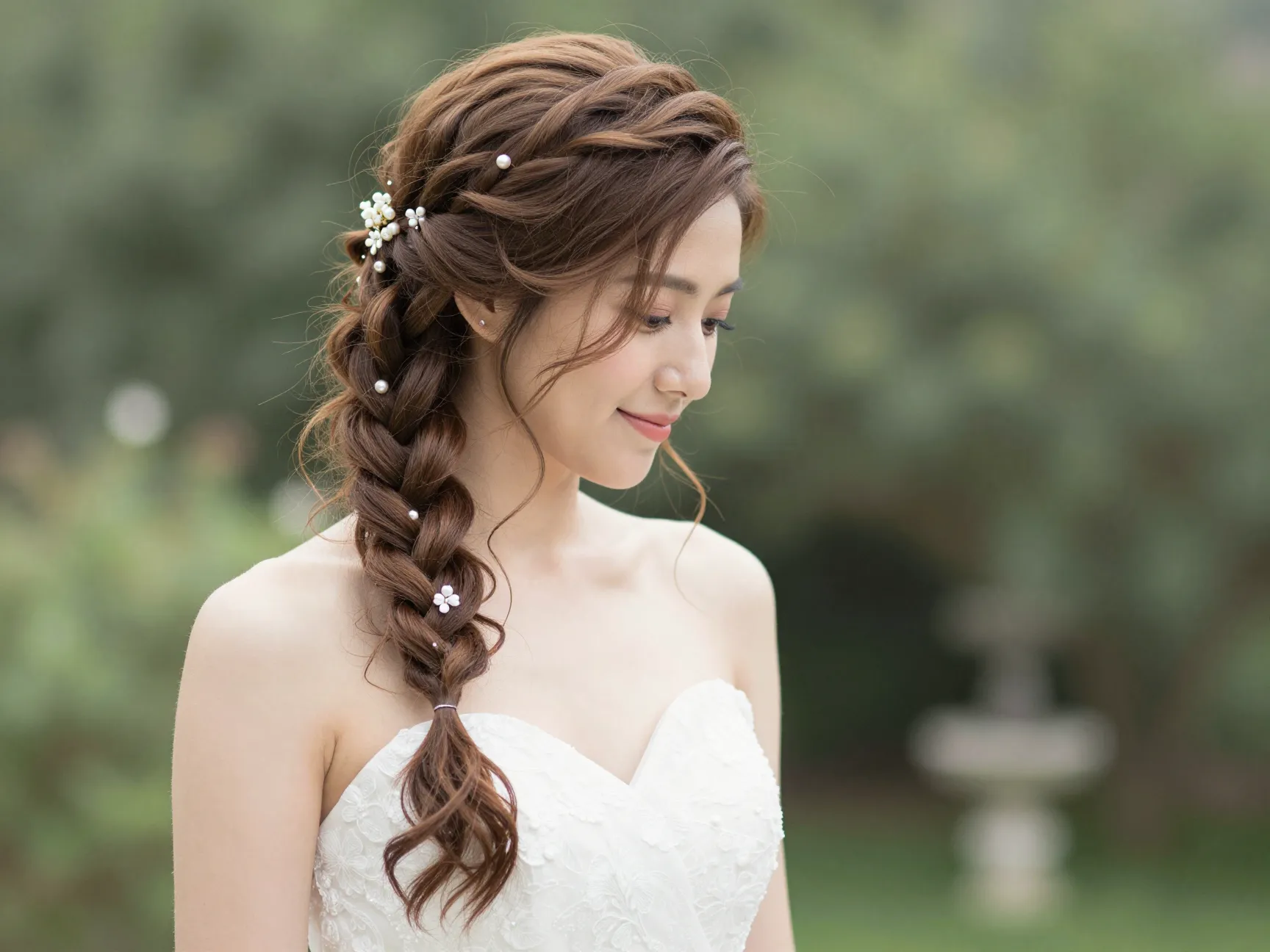 Bride with cascading side braid over shoulder in garden