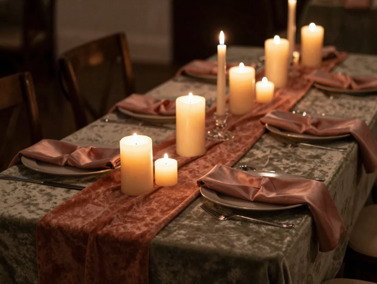 Warm lit table with taper candles and velvet earth tone linens
