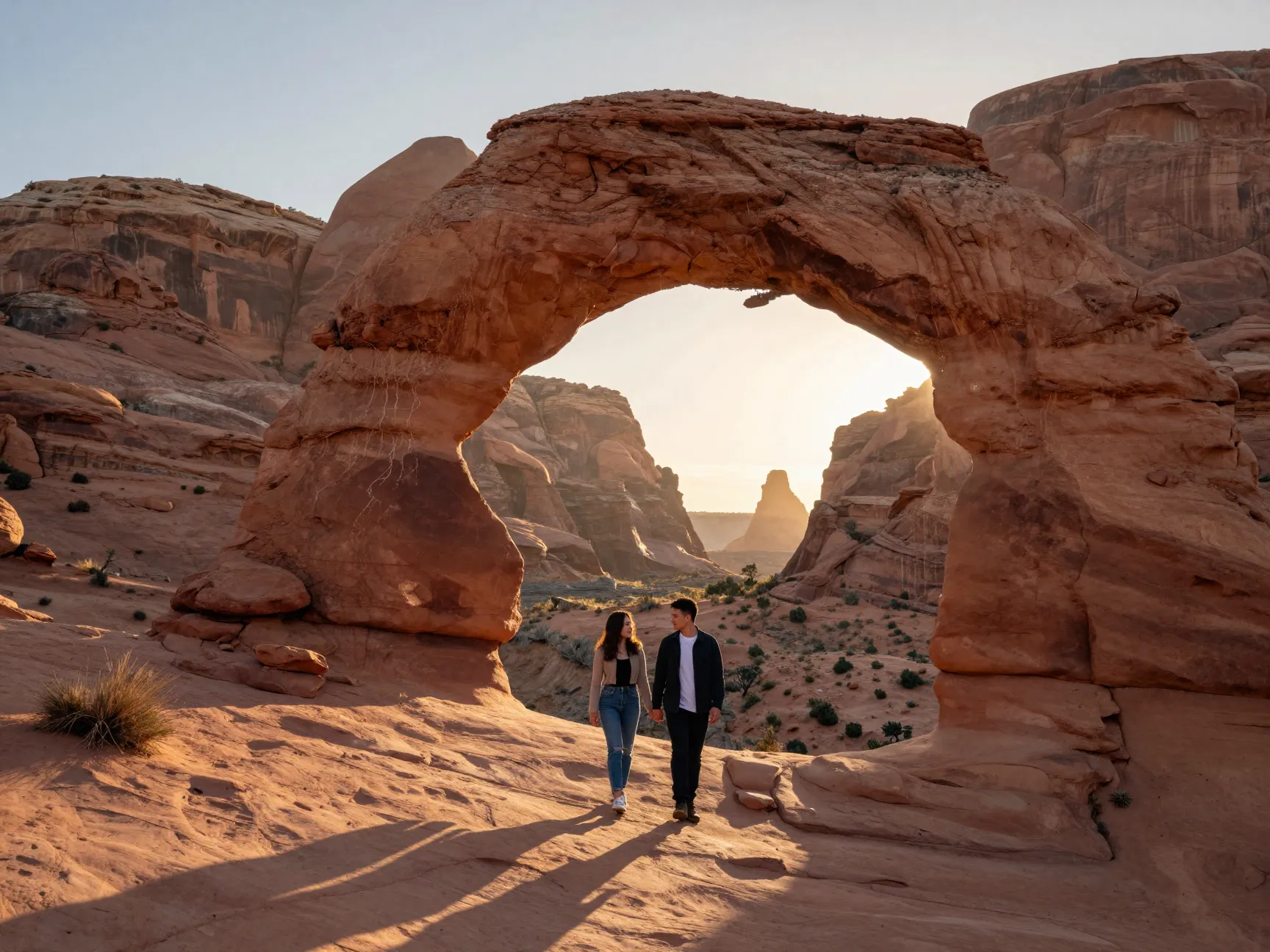 Arches national park delicate arch sunrise couple hiking