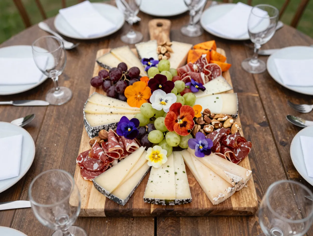 Artistic food presentation grazing board centerpiece on wedding table