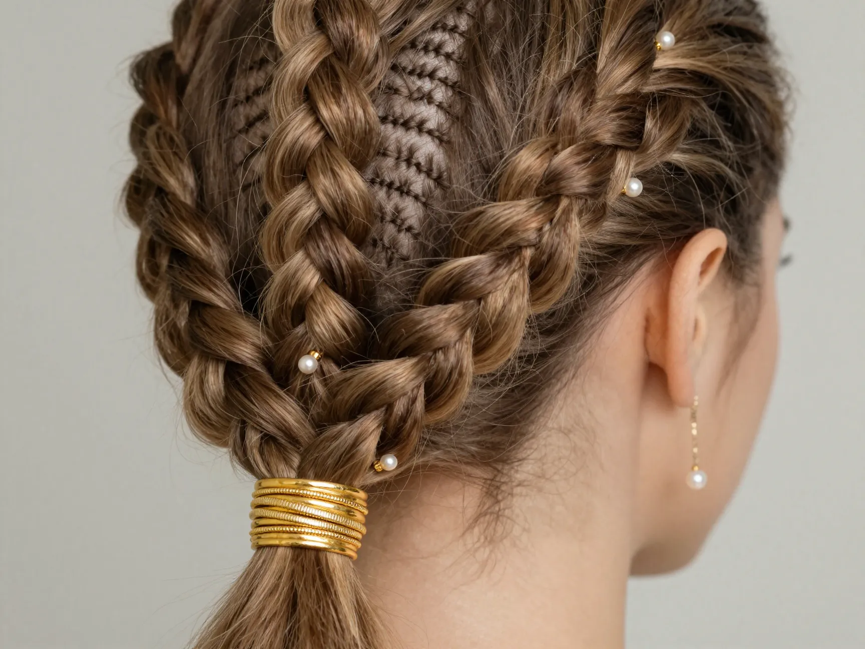 Bride with precise stitch braids adorned with gold cuffs