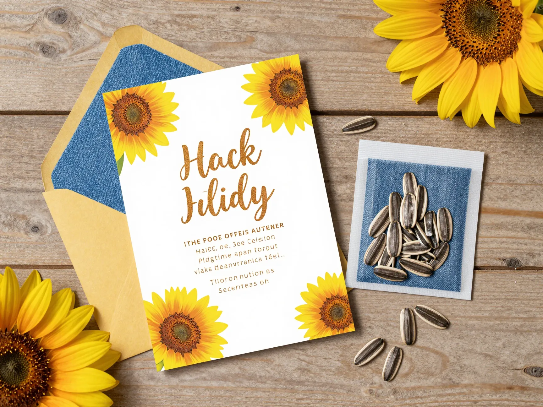 Sunflower denim americana invitation golden yellow chambray blue seeds